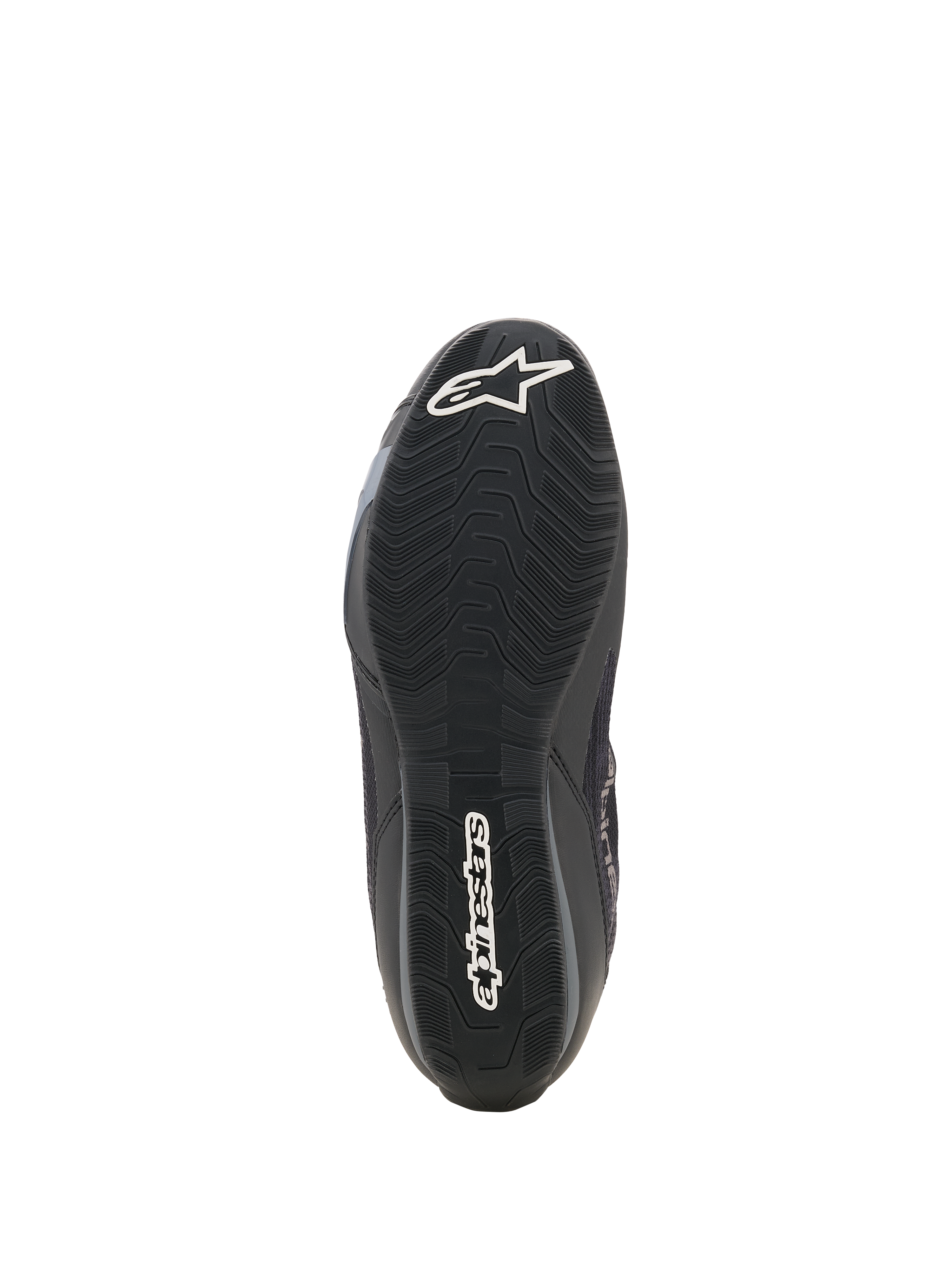 Sapatos Alpinestars Celer Superair, sapatos de motociclismo, preto e cinzento escuro, vista inferior da sola de borracha texturizada resistente ao óleo, com o logótipo de estrela da Alpinestars em branco na biqueira e a marca nominativa no calcanhar