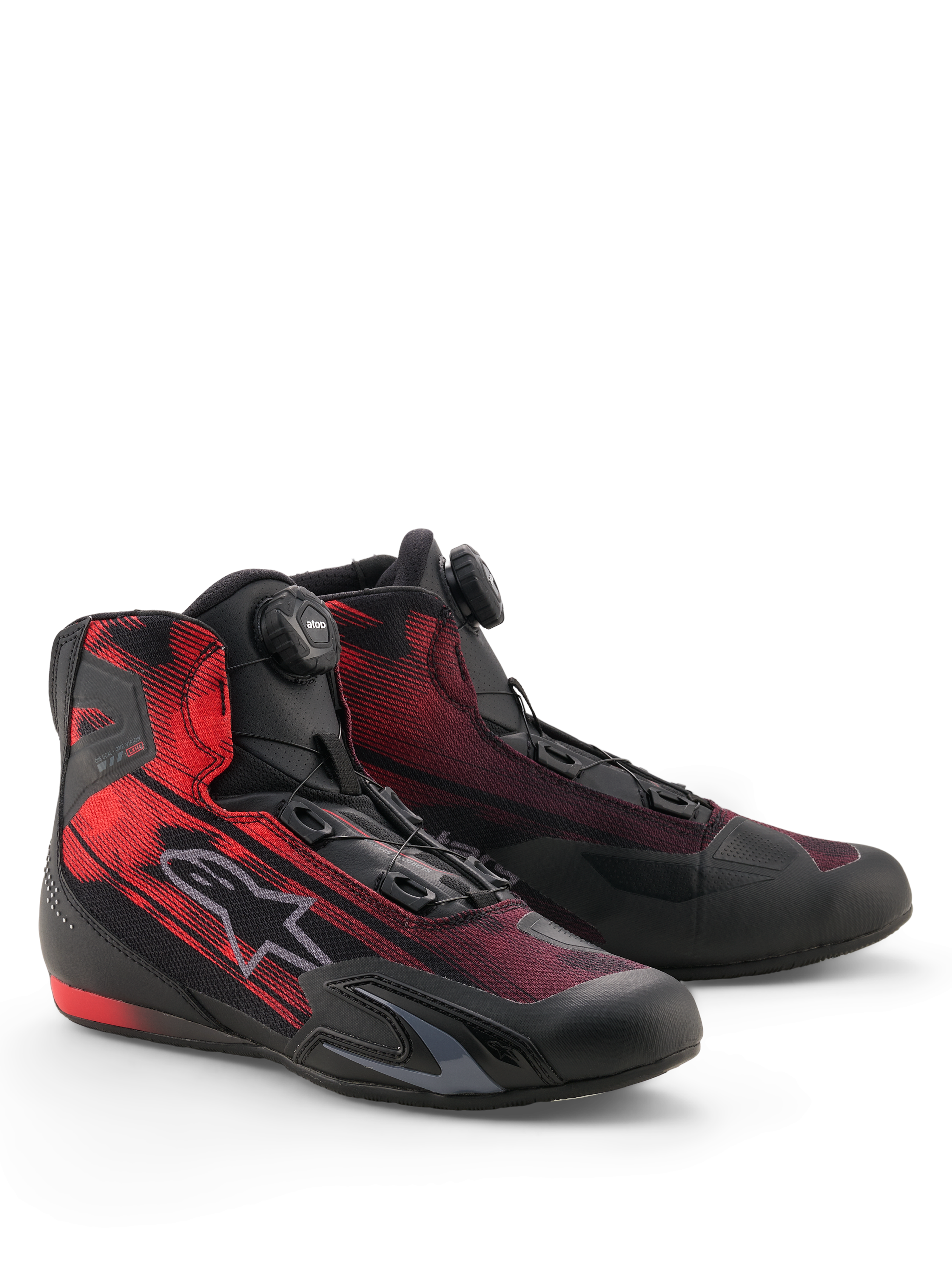 Alpinestars Celer Superair Shoes, Sport Motorcycle Riding Shoes, Black and Bright Red, featuring the Alpinestars Rotor Closure System and breathable airflow textile upper, sleek design with TPU reinforcements and textured grip sole