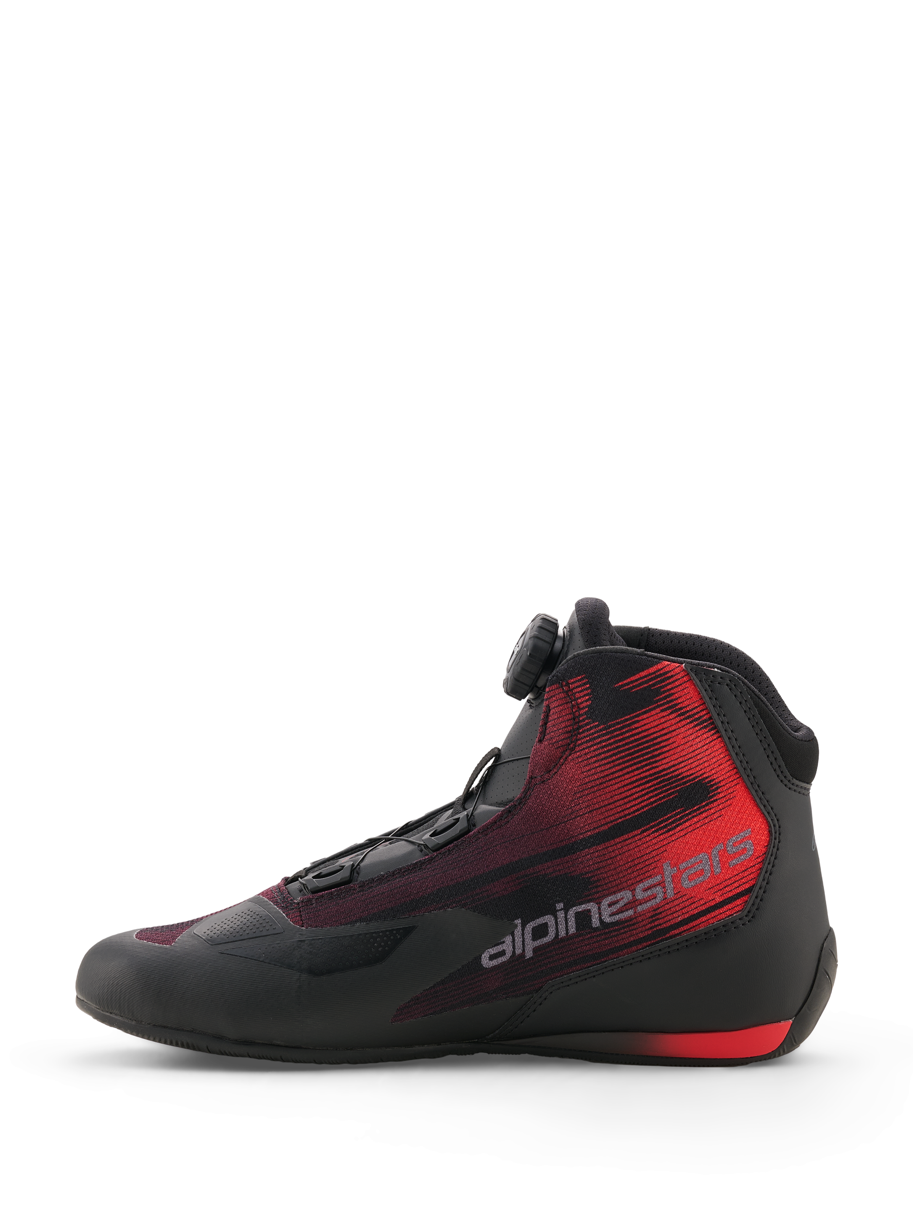 Alpinestars Celer Superair Shoes, Motorcycle Riding Shoes, Black and Bright Red, side profile view showing the Alpinestars Rotor Closure System dial, ventilated airflow textile upper, and striking red gradient graphic with Alpinestars wordmark