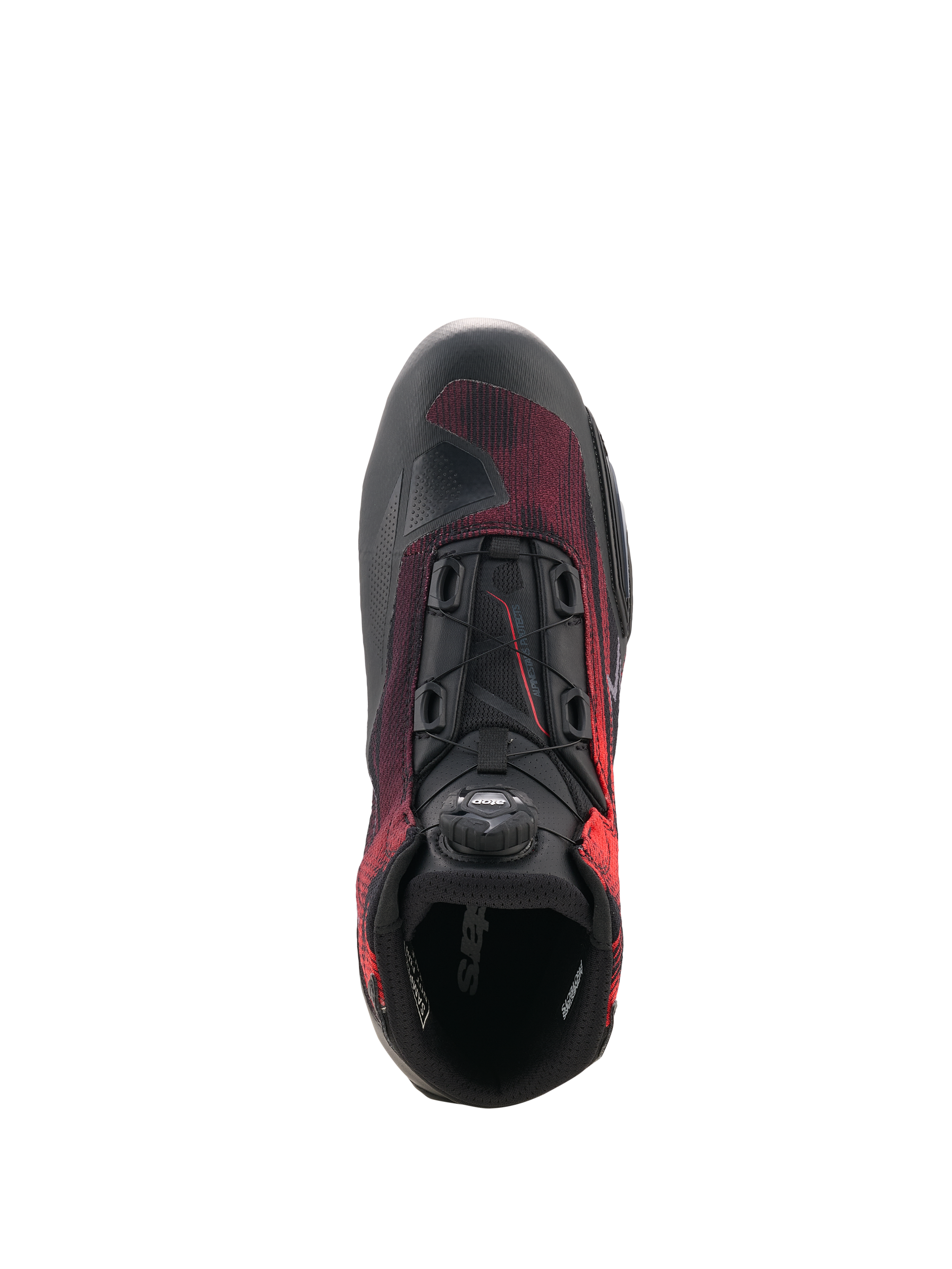 Alpinestars Celer Superair Shoes, Motorcycle Riding Shoes, Black and Bright Red, top-down view showing the Rotor Closure System dial, breathable airflow textile, and reinforced construction for sport riding.