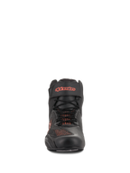 Alpinestars Faster-3 Rideknit® Shoes, Black and Red Fluo, front-facing view, motorcycle riding shoe featuring breathable knit mesh panels and Velcro ankle strap with red logo