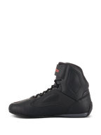 Alpinestars Faster-3 Rideknit® Shoes, Black motorcycle riding shoe, side profile view, matte black microfiber upper with perforated panels for airflow, lace-up system with red Alpinestars logo on the ankle strap, sporty road riding design