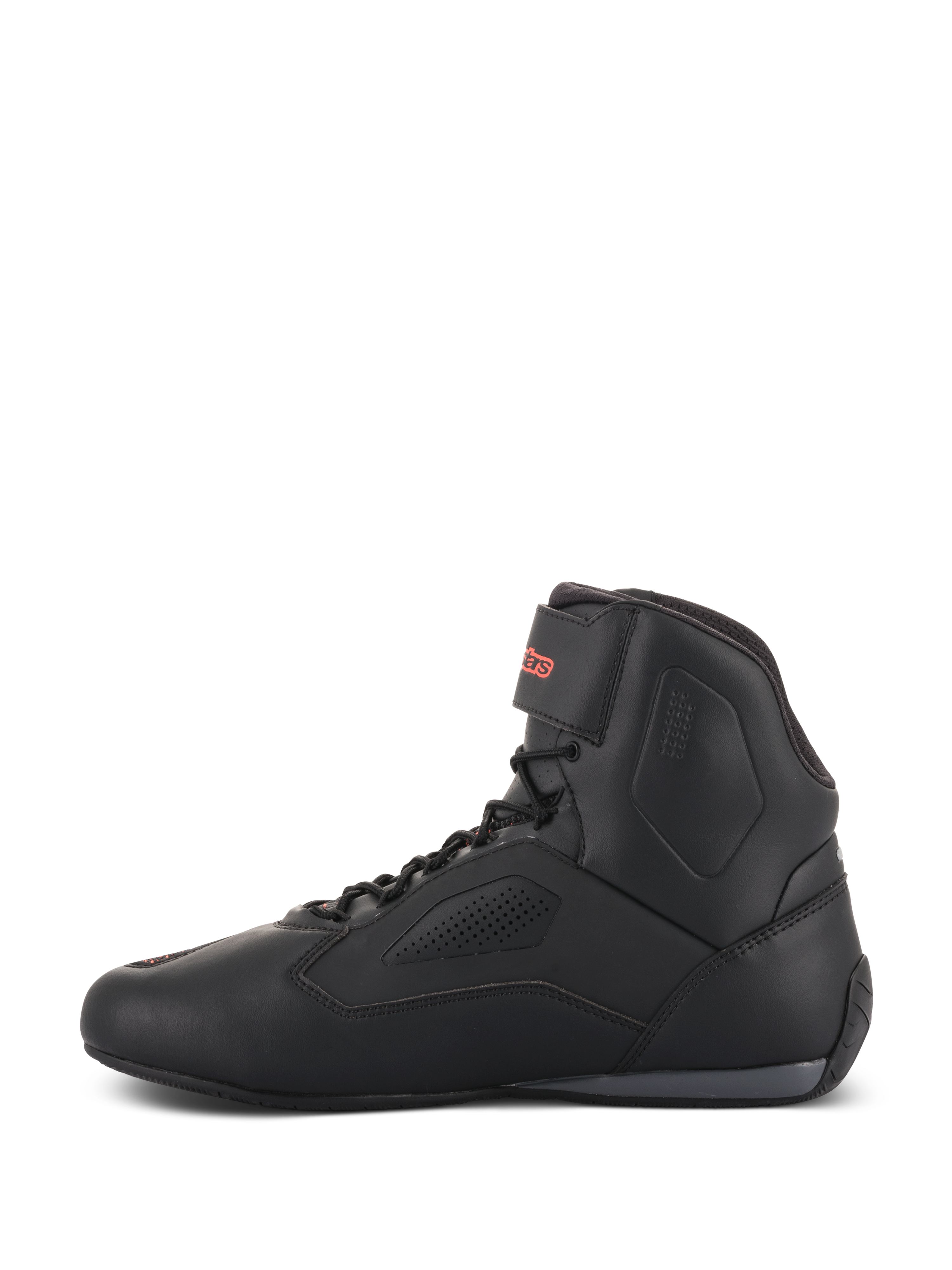 Alpinestars Faster-3 Rideknit® Shoes, Black motorcycle riding shoe, side profile view, matte black microfiber upper with perforated panels for airflow, lace-up system with red Alpinestars logo on the ankle strap, sporty road riding design