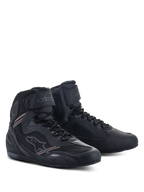 Alpinestars Faster-3 Rideknit® Shoes, Motorcycle Riding Shoes, Black Black, featuring a lightweight microfiber and mesh upper, lace-up closure with a hook-and-loop ankle strap, and sleek road racing design.