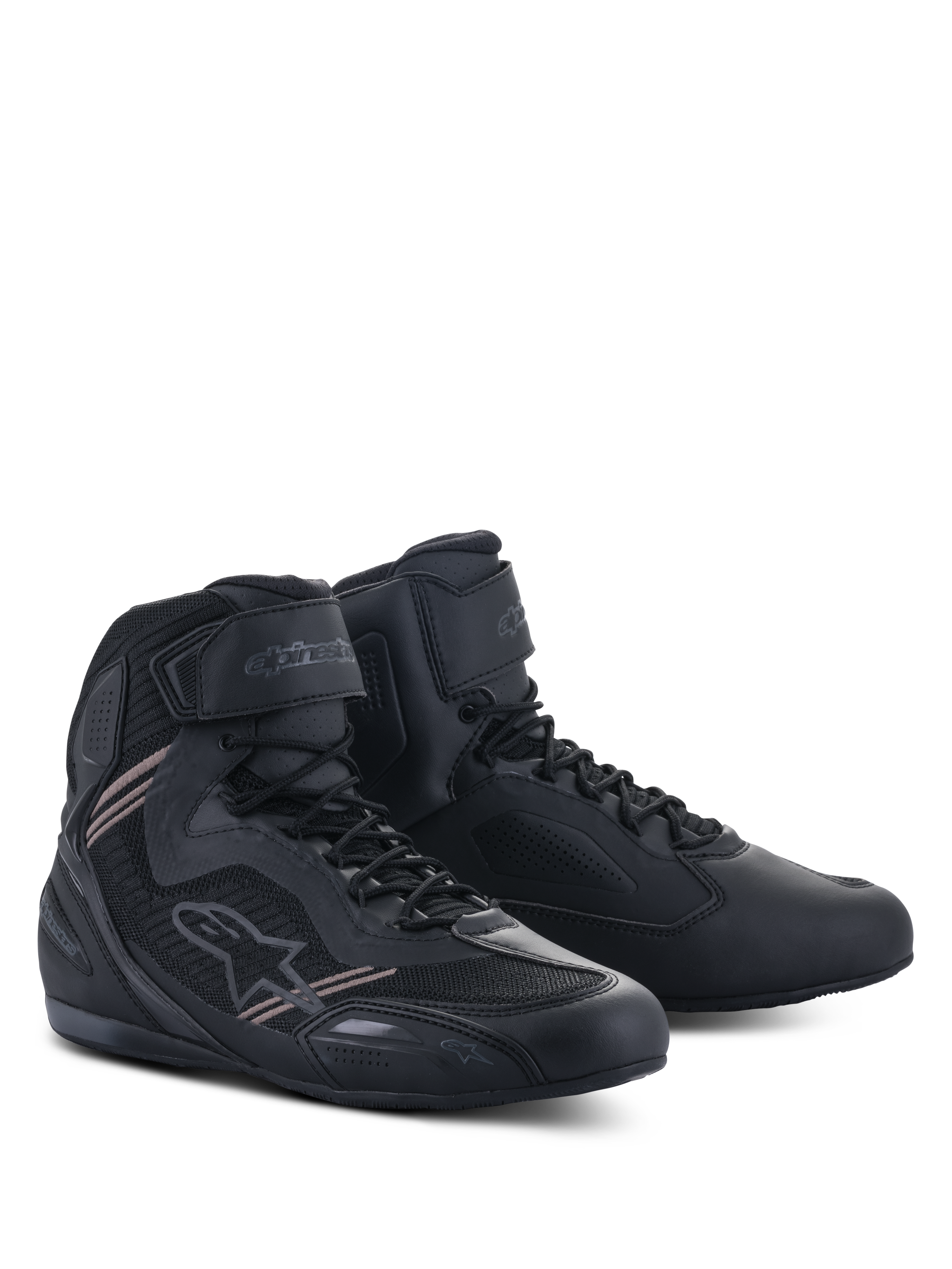 Alpinestars Faster-3 Rideknit® Shoes, Motorcycle Riding Shoes, Black Black, featuring a lightweight microfiber and mesh upper, lace-up closure with a hook-and-loop ankle strap, and sleek road racing design.