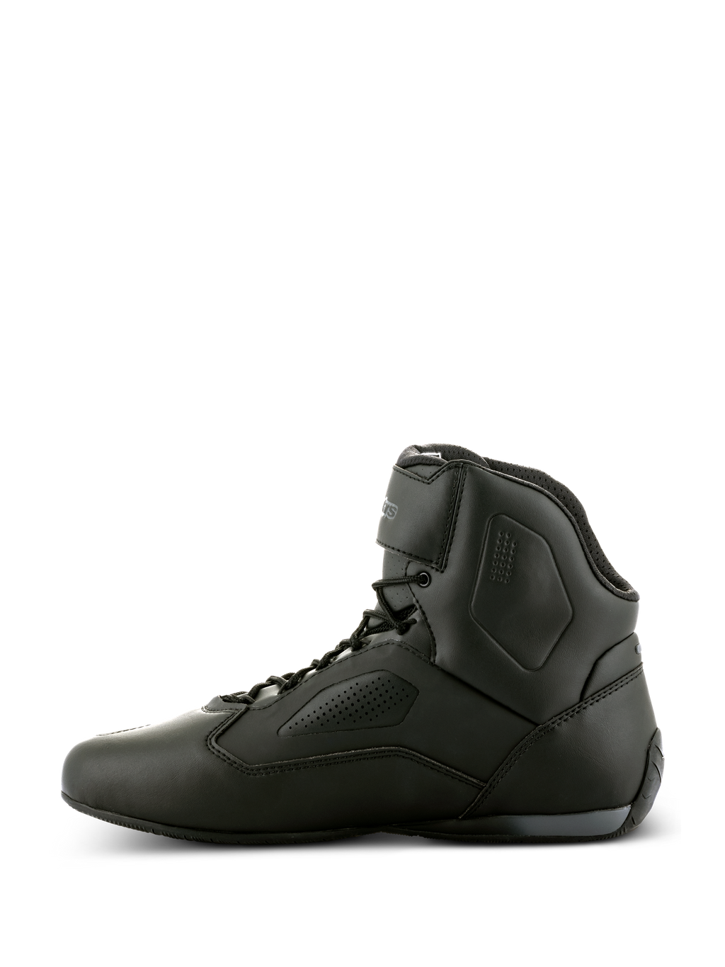 Alpinestars Faster-3 Rideknit® Shoes, Black Black Motorcycle Riding Shoes, side profile view, sleek microfiber chassis with perforated panels, high-top design with lace-up closure and ankle strap, performance road racing footwear
