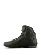 Alpinestars Faster-3 Rideknit® Shoes, Black Black Motorcycle Riding Shoes, side profile view, sleek microfiber chassis with perforated panels, high-top design with lace-up closure and ankle strap, performance road racing footwear
