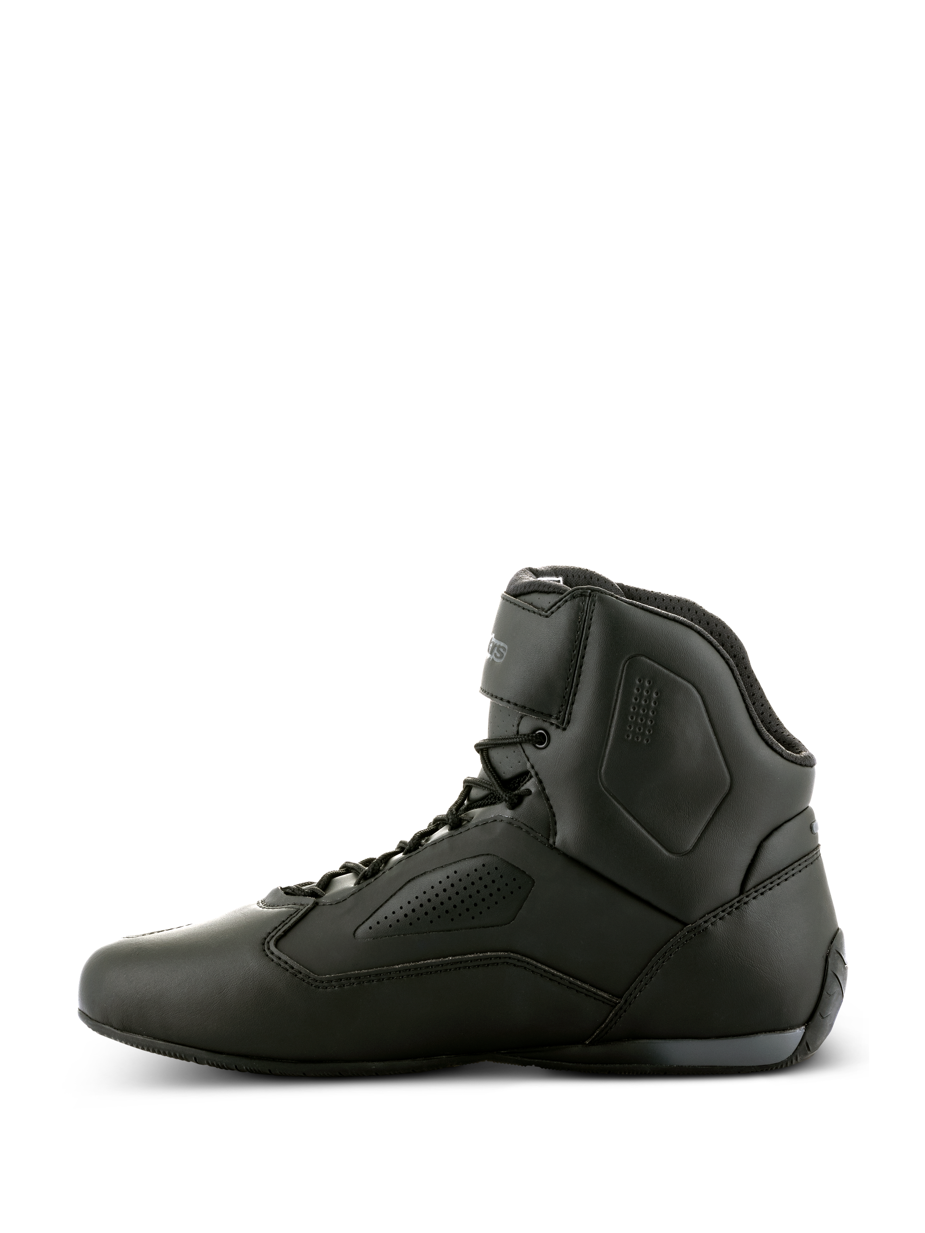 Alpinestars Faster-3 Rideknit® Shoes, Black Black Motorcycle Riding Shoes, side profile view, sleek microfiber chassis with perforated panels, high-top design with lace-up closure and ankle strap, performance road racing footwear