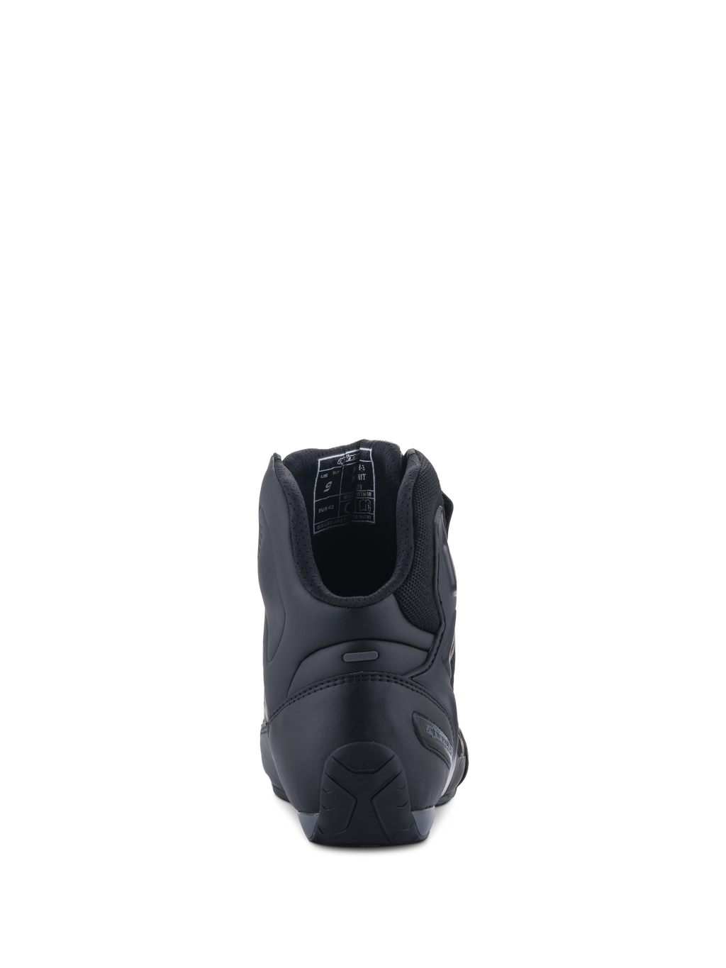 Alpinestars Faster-3 Rideknit® Shoes, Rear View, Black Black, showing TPR heel counter for lateral support, microfiber chassis with breathable mesh lining, performance road racing motorcycle footwear