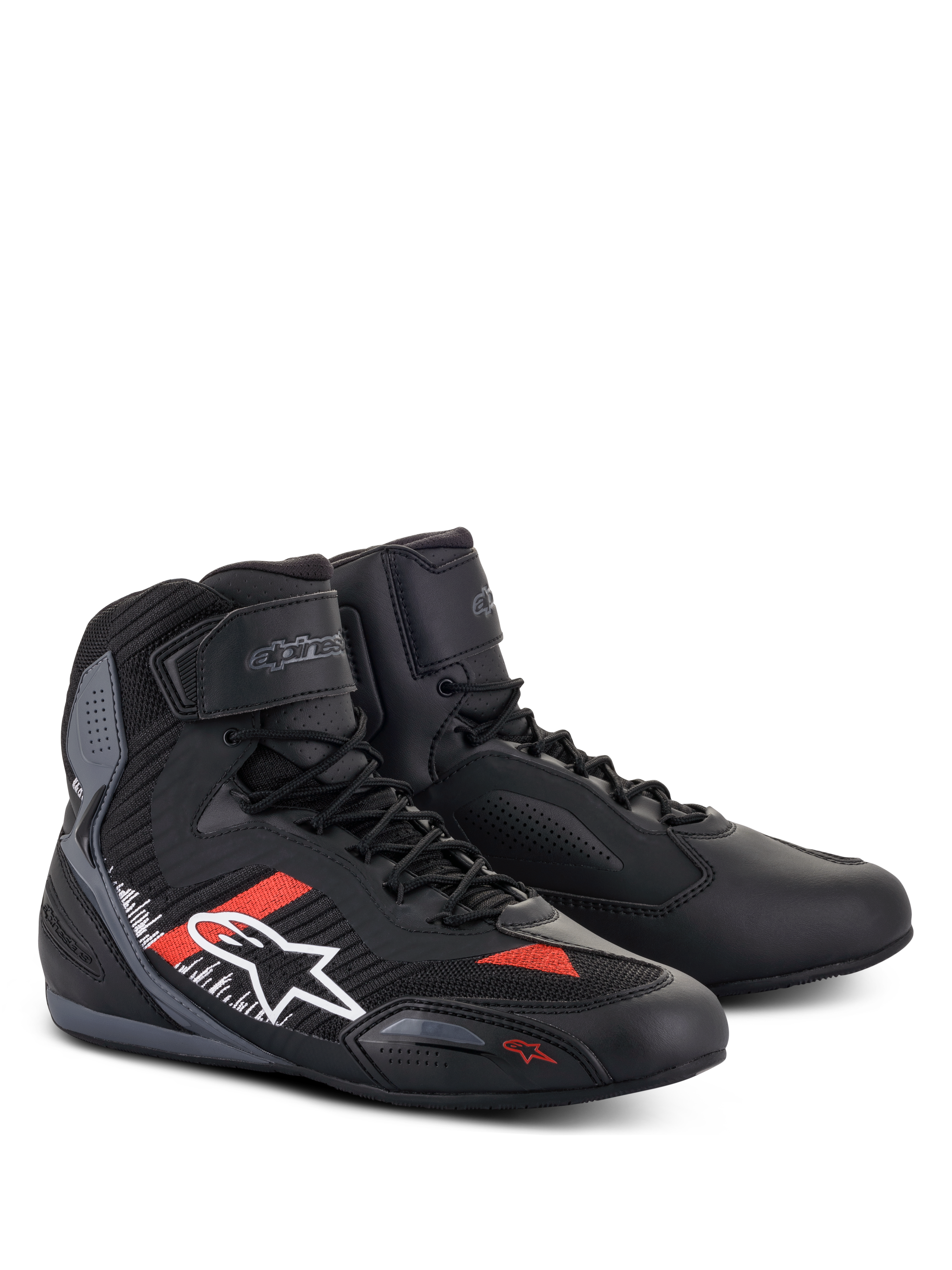 Alpinestars Faster-3 Rideknit® Shoes, Motorcycle Riding Shoes, Black Gray and Bright Red, featuring a microfiber and knitted textile upper, white Alpinestars logo on the side with red and white accents, lace-up closure with hook-and-loop ankle strap, and sleek road-racing design.