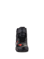 Alpinestars Faster-3 Rideknit® Shoes, Motorcycle Riding Shoes, Black Gray and Bright Red, front view showing black laces and Velcro strap with logo, lightweight microfiber and breathable mesh construction, sporty design for road riding