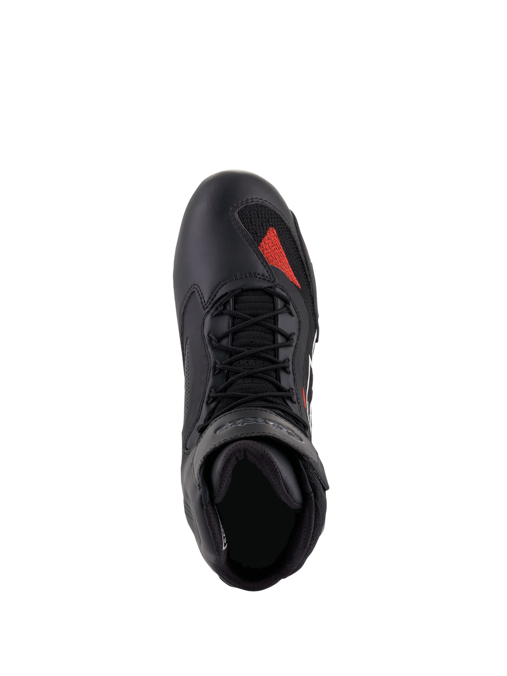 Alpinestars Faster-3 Rideknit® Shoes, Black Gray Bright Red, top-down view, featuring black microfiber chassis with a red knit accent on the toe, black laces, and padded collar, technical motorcycle riding footwear
