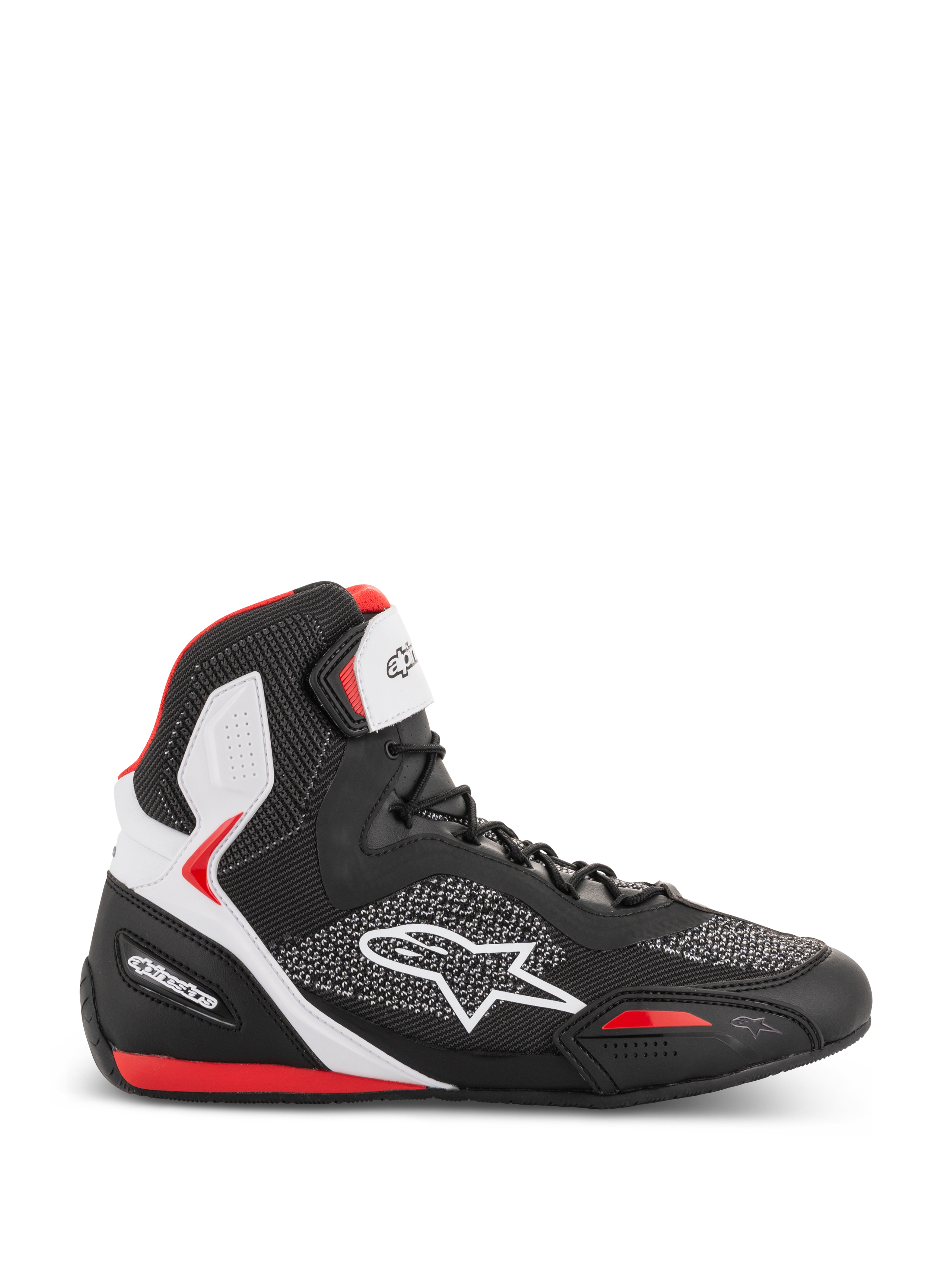 Alpinestars Faster-3 Rideknit Shoes, sapatilhas de cano alto para motociclismo, pretas, brancas e vermelhas, parte superior em malha respirável com logótipo de estrela branco, suporte de tornozelo acolchoado, design desportivo de corrida de estrada