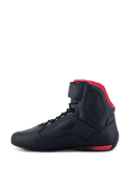 Alpinestars Faster-3 Rideknit® Shoes, Motorcycle Riding Shoes, Black and Red, side profile view, featuring red mesh lining, ankle strap, and perforated microfiber chassis