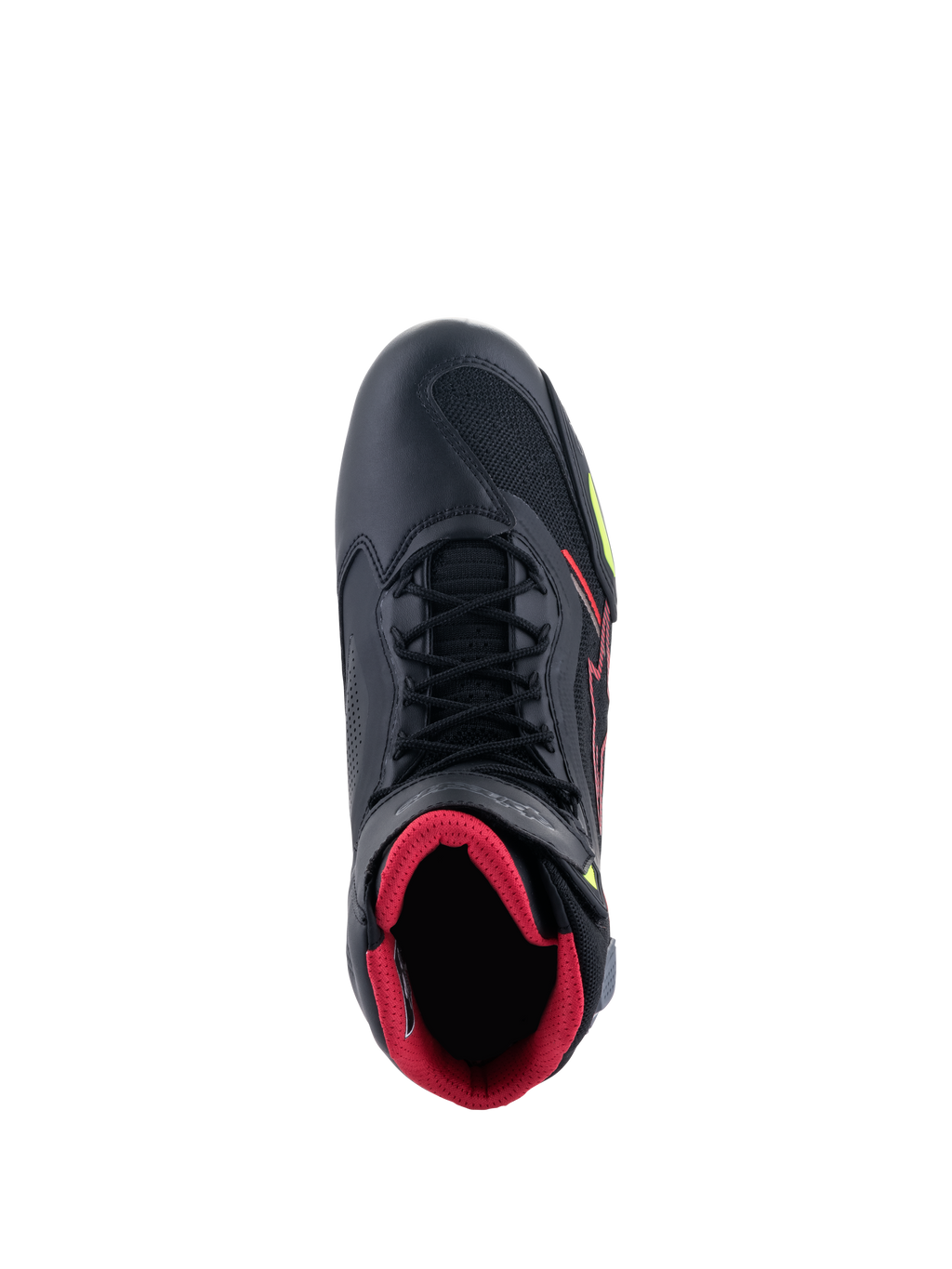 Alpinestars Faster-3 Rideknit® Shoes, top-down view of a black motorcycle riding shoe, featuring a red interior lining, black laces, breathable knit panels, and red and yellow fluo accents, lightweight sport riding footwear