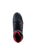 Alpinestars Faster-3 Rideknit® Shoes, top-down view of a black motorcycle riding shoe, featuring a red interior lining, black laces, breathable knit panels, and red and yellow fluo accents, lightweight sport riding footwear