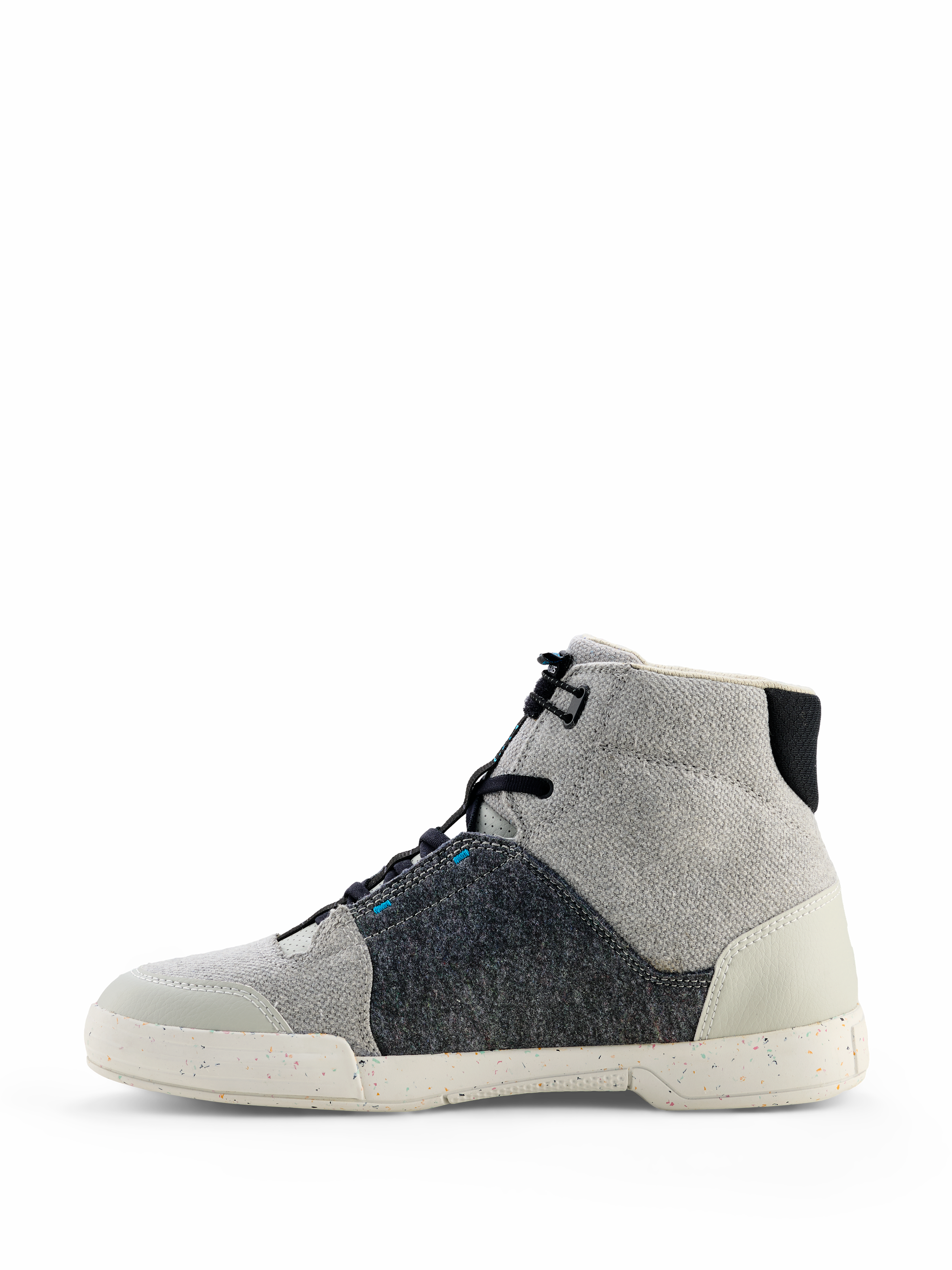 Alpinestars Circal Riding Shoes, Urban Motorcycle Footwear, Gray Black and Methyl Blue, side profile featuring canvas and recycled felt materials, speckled off-white sole, high-top casual style for urban riding