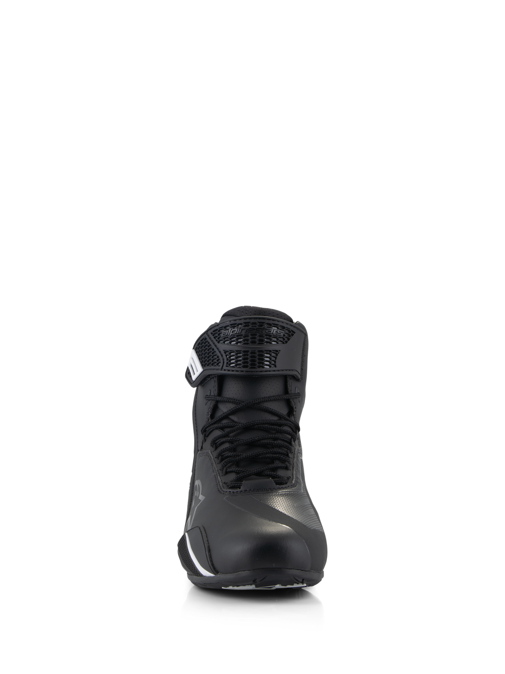 Alpinestars Faster-4 Shoes, Motorcycle Riding Shoes, Black, front view showing traditional lace closure and hook-and-loop strap, advanced microfiber upper with protective reinforcements, sleek and technical road riding footwear