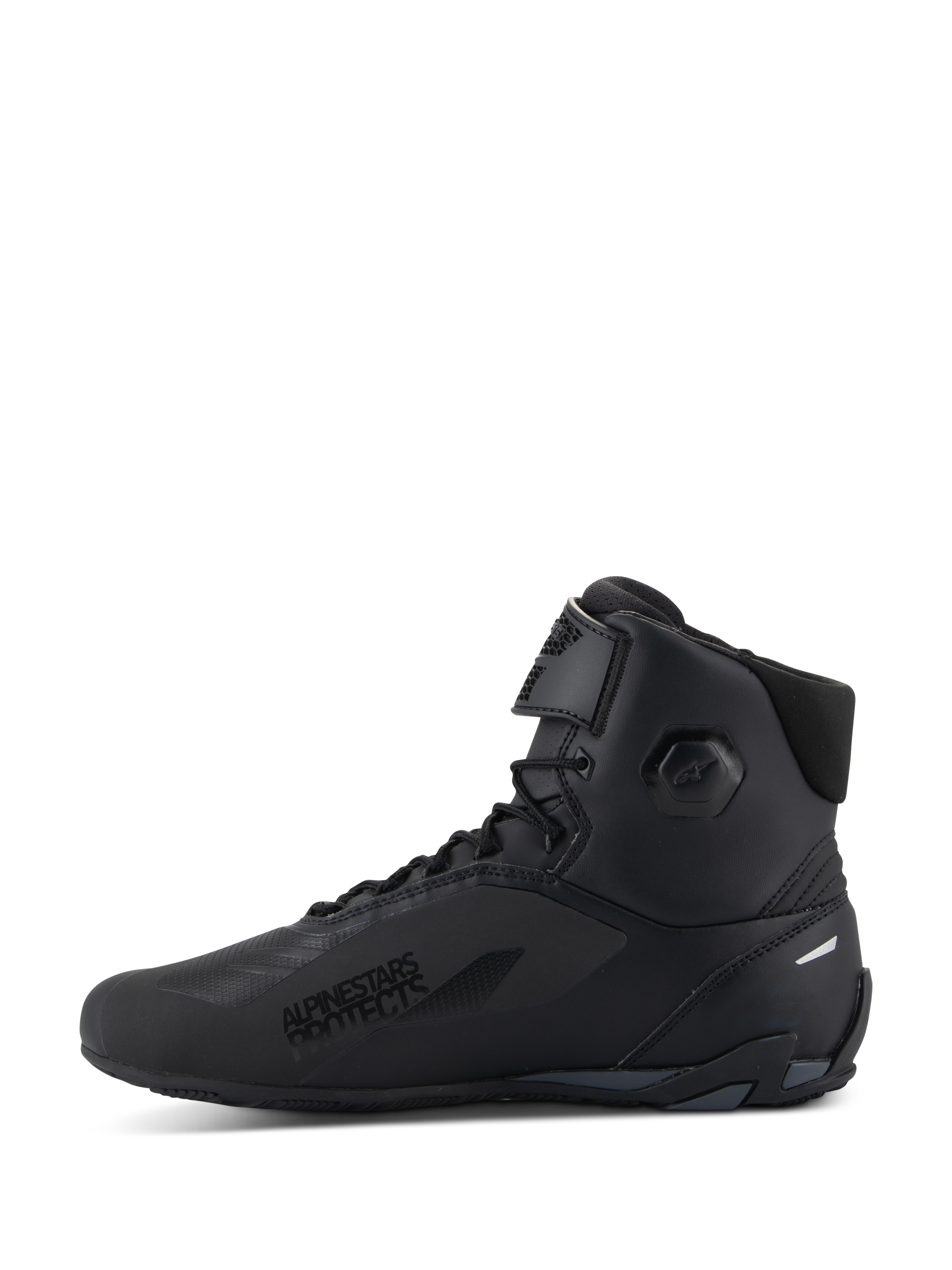 Alpinestars Faster-4 Shoes, Motorcycle Riding Shoes, Black, side profile view, high-top design with lace closure and adjustable top strap, 'Alpinestars Protects' text on lateral side, sleek microfiber upper with integrated protection zones