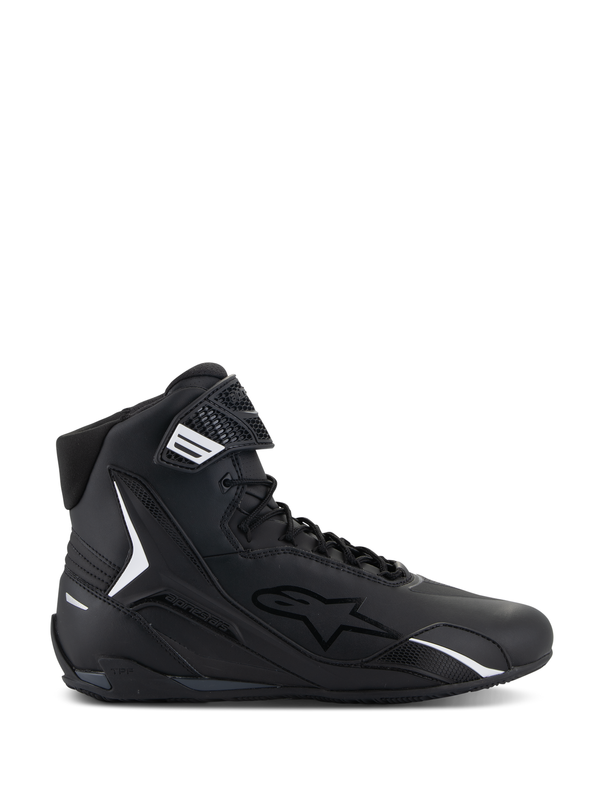 Alpinestars Faster-4 Shoes, sapatos de motociclismo de cano alto pretos, perfil lateral, pretos com detalhes brancos, atacadores e tira de velcro, design desportivo com colarinho acolchoado e proteção TPU