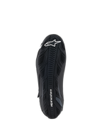 Alpinestars Faster-4 Shoes, Black, bottom view of the rubber outsole featuring textured grip patterns, white Alpinestars logo on the forefoot and branding on the heel, performance motorcycle riding shoe