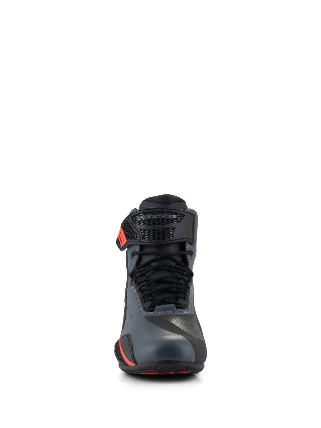 Sapatos Alpinestars Faster-4, sapatos de motociclismo, preto, cinzento e vermelho fluo, vista frontal com parte superior em microfibra sem costuras, atacadores tradicionais e correia de tornozelo ajustável com o logótipo Alpinestars