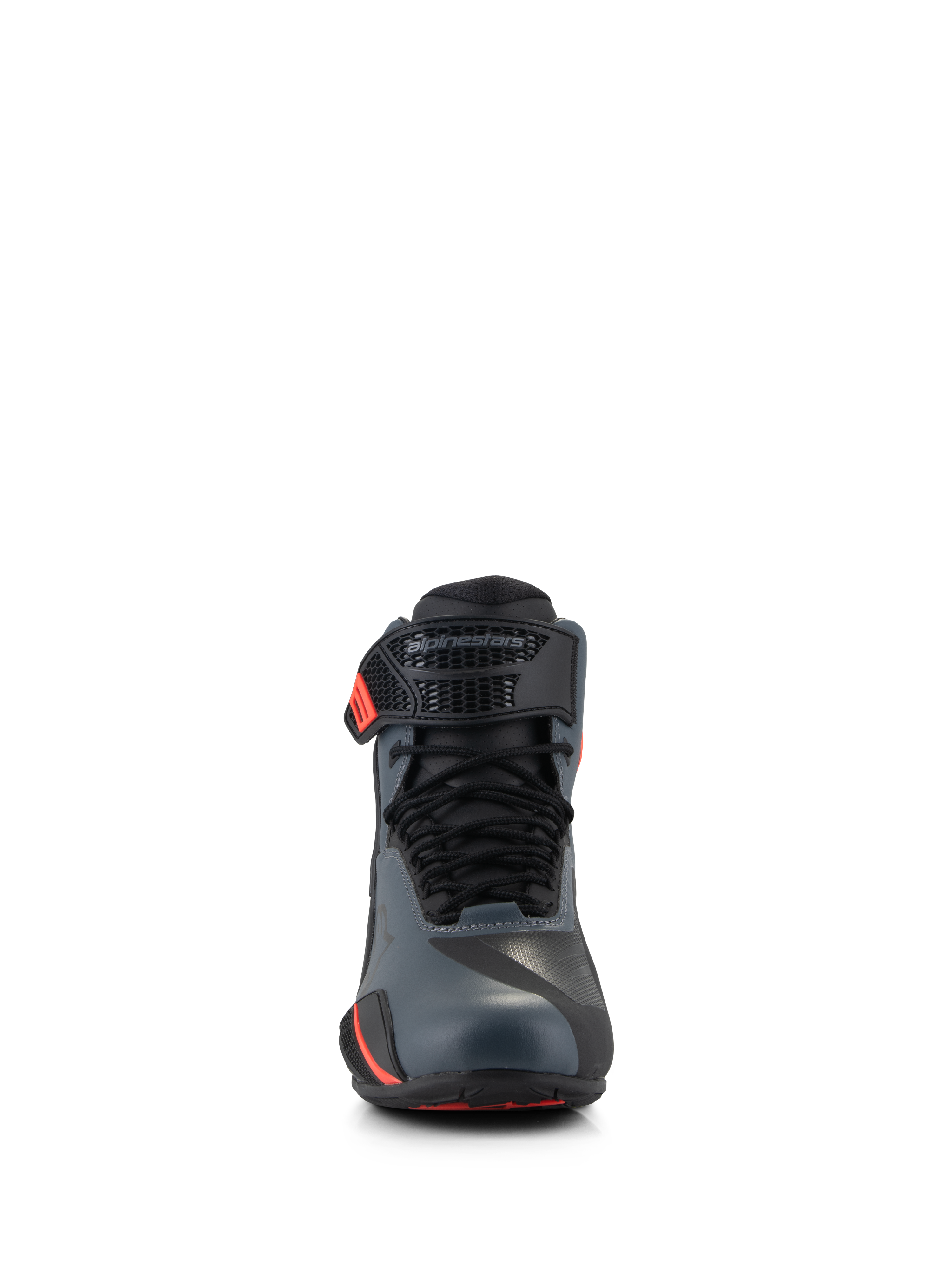 Sapatos Alpinestars Faster-4, sapatos de motociclismo, preto, cinzento e vermelho fluo, vista frontal com parte superior em microfibra sem costuras, atacadores tradicionais e correia de tornozelo ajustável com o logótipo Alpinestars