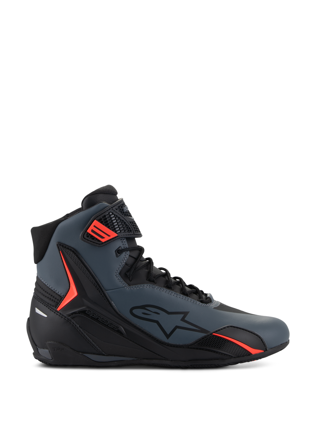 Alpinestars Faster-4 Shoes, sapatos de motociclismo de cano alto, cinzento escuro e preto com detalhes em vermelho vibrante, parte superior em microfibra elegante, logótipo de estrela lateral e sistema de atacadores seguro com tira de tornozelo ajustável