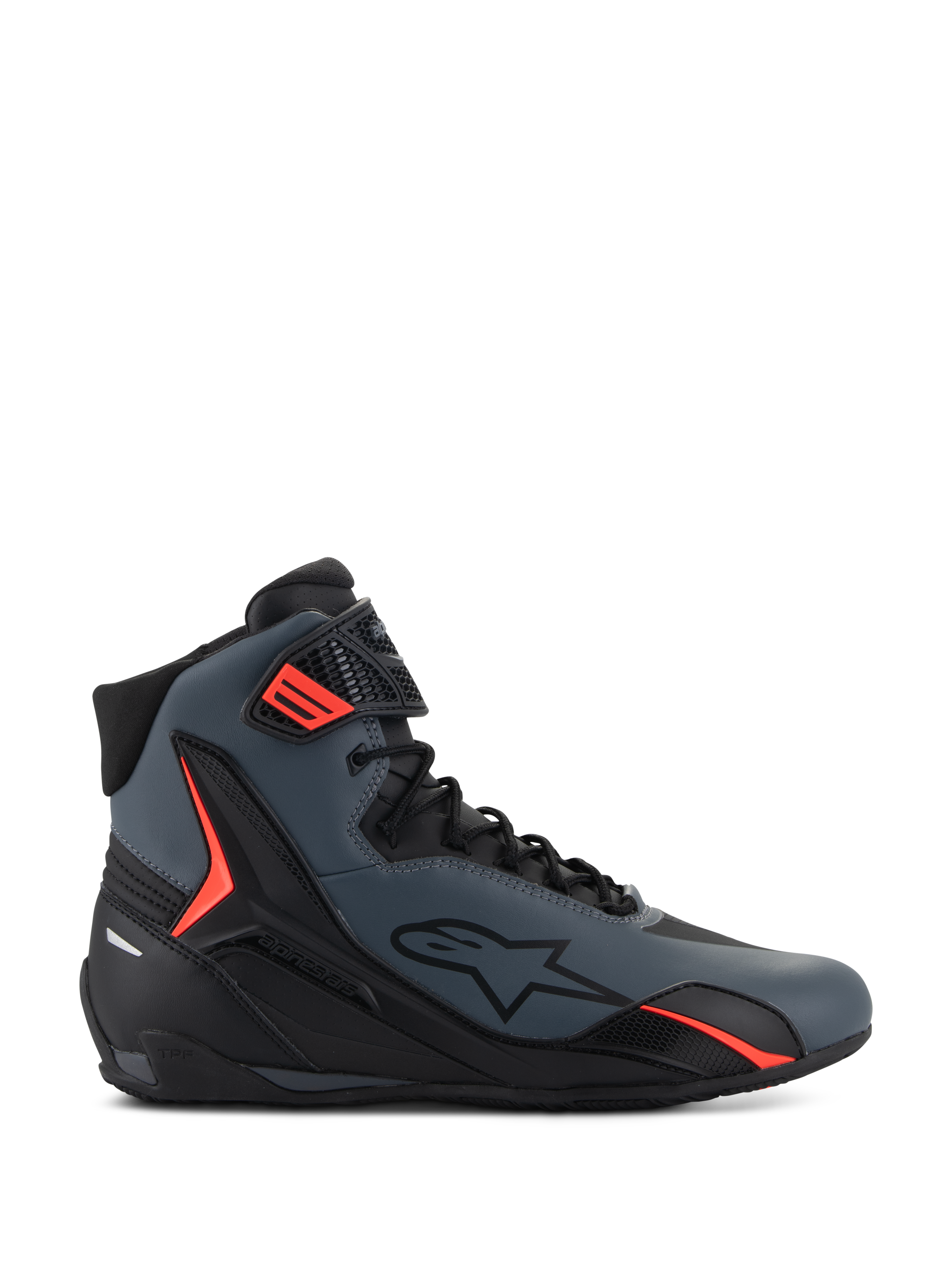 Alpinestars Faster-4 Shoes, sapatos de motociclismo de cano alto, cinzento escuro e preto com detalhes em vermelho vibrante, parte superior em microfibra elegante, logótipo de estrela lateral e sistema de atacadores seguro com tira de tornozelo ajustável
