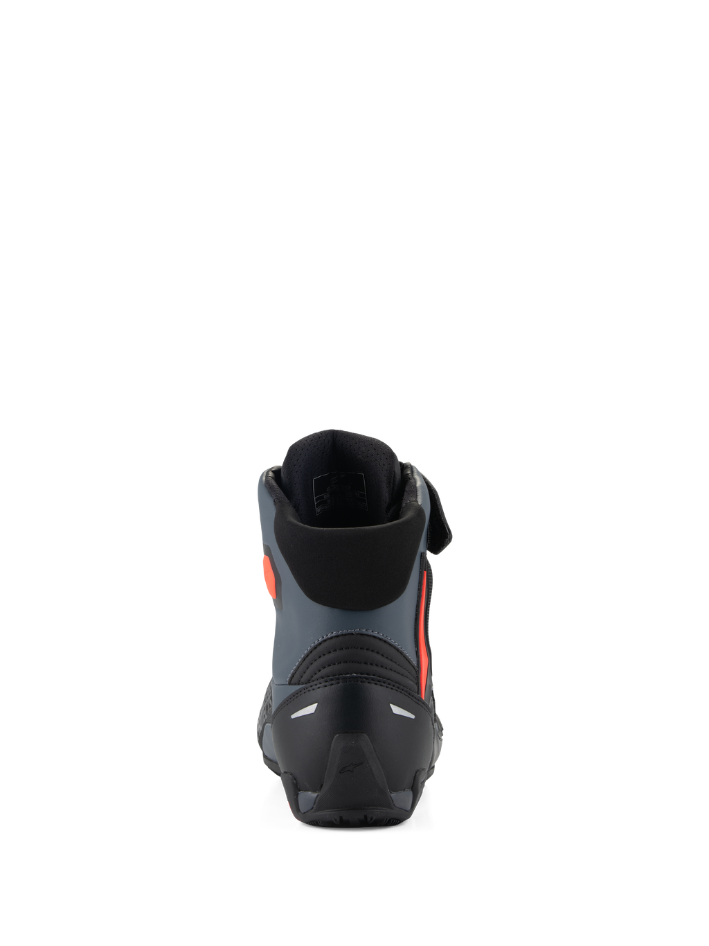 Sapatos Alpinestars Faster-4, sapatos de motociclismo, preto, cinzento e vermelho fluo, vista traseira mostrando o contraforte do calcanhar reforçado, suporte do tornozelo e design elegante de inspiração desportiva.