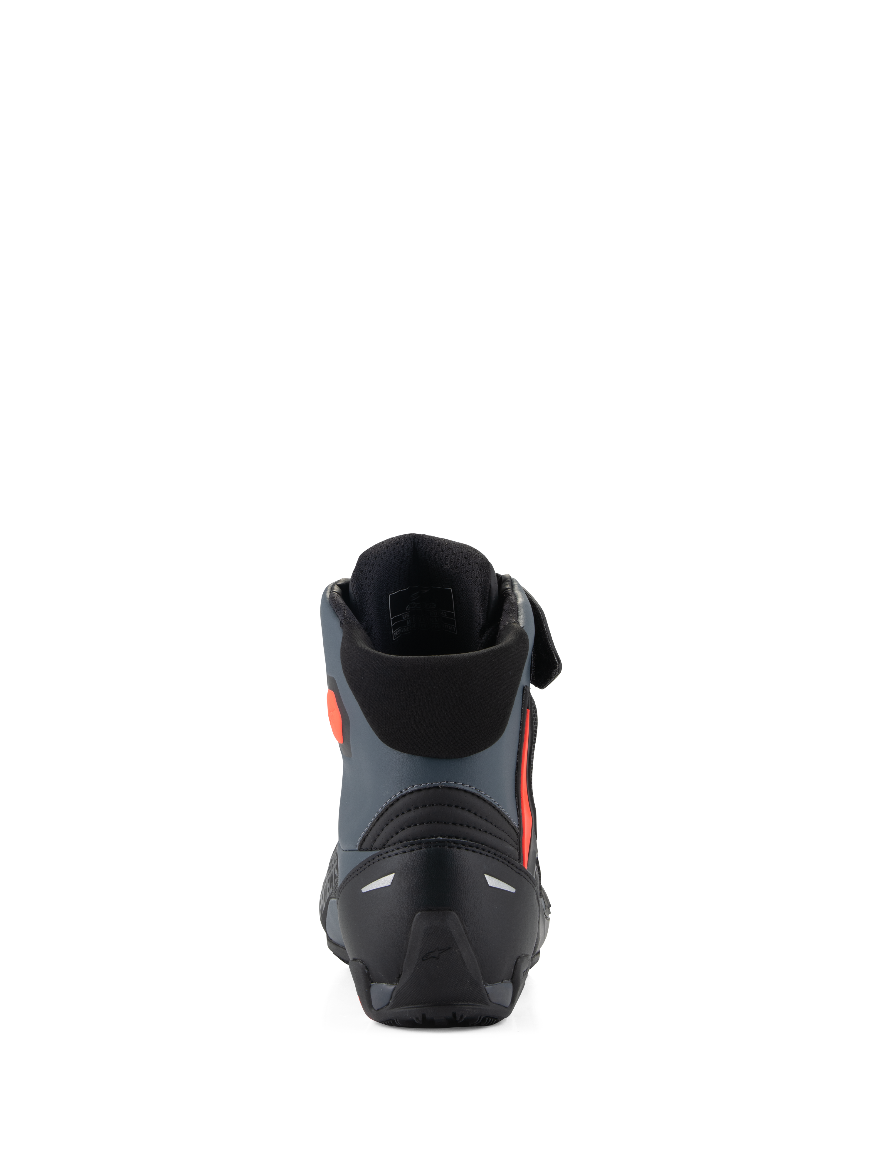 Sapatos Alpinestars Faster-4, sapatos de motociclismo, preto, cinzento e vermelho fluo, vista traseira mostrando o contraforte do calcanhar reforçado, suporte do tornozelo e design elegante de inspiração desportiva.