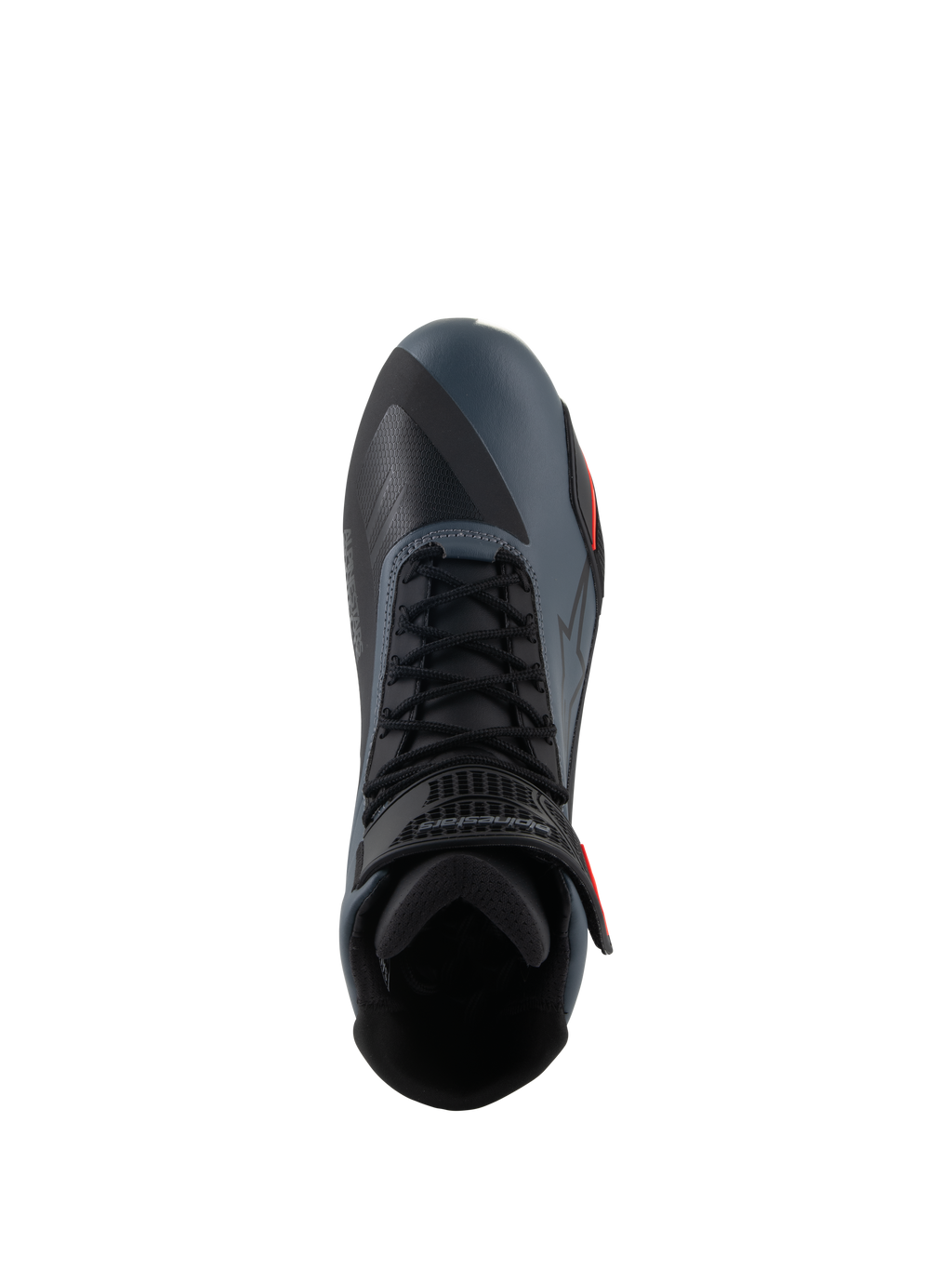 Sapatos Alpinestars Faster-4, sapatos de motociclismo, preto, cinzento e vermelho fluo, vista superior realçando o fecho de atacadores e a correia de tornozelo, parte superior em microfibra técnica com painéis sem costuras, design desportivo para condução de estrada de performance