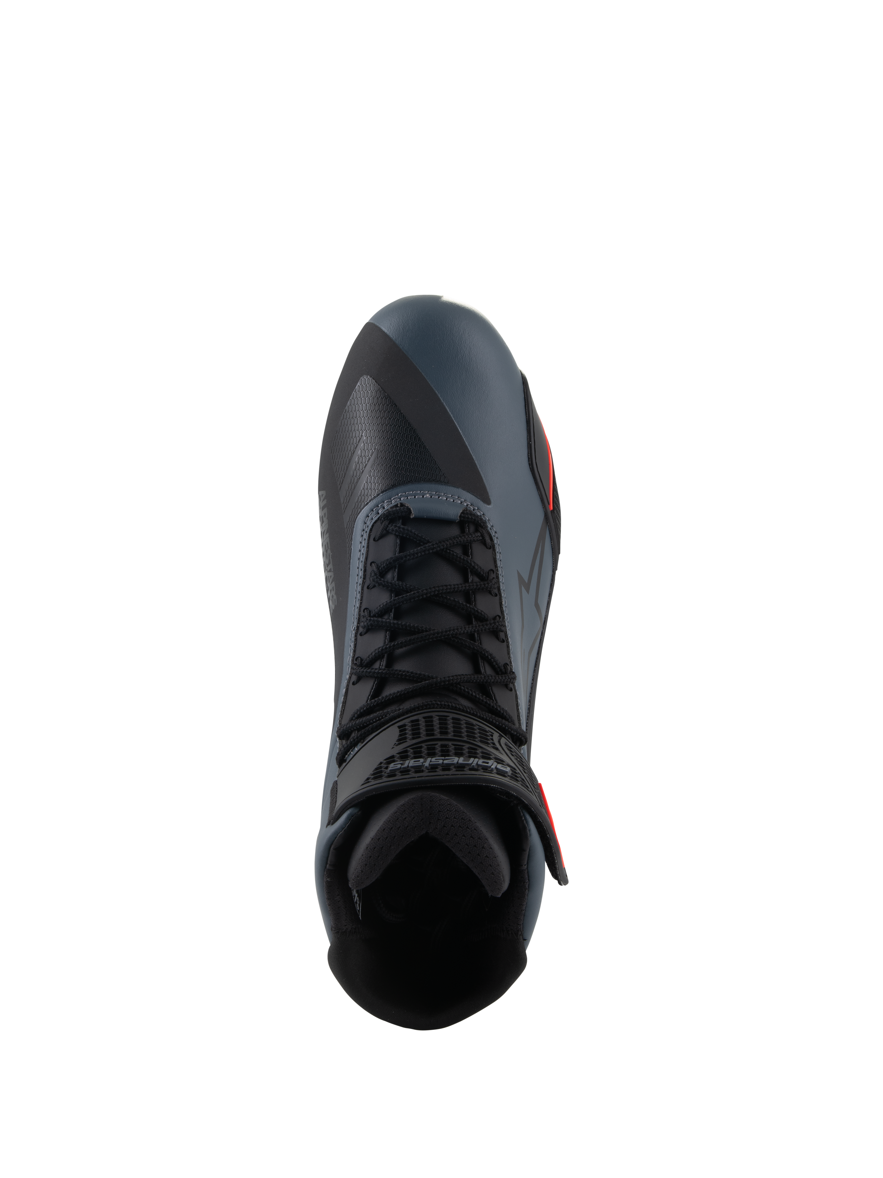 Sapatos Alpinestars Faster-4, sapatos de motociclismo, preto, cinzento e vermelho fluo, vista superior realçando o fecho de atacadores e a correia de tornozelo, parte superior em microfibra técnica com painéis sem costuras, design desportivo para condução de estrada de performance