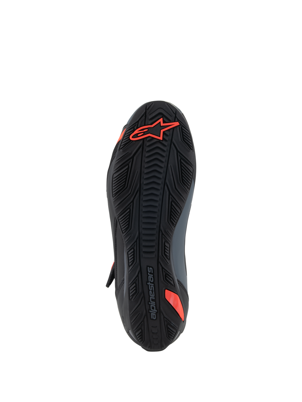 Sapatos Alpinestars Faster-4, sapatos de motociclismo, preto e vermelho fluo, vista inferior mostrando a sola de borracha texturizada com o logótipo Astars vermelho e marca em relevo, concebidos para aderência e durabilidade
