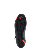 Sapatos Alpinestars Faster-4, sapatos de motociclismo, preto e vermelho fluo, vista inferior mostrando a sola de borracha texturizada com o logótipo Astars vermelho e marca em relevo, concebidos para aderência e durabilidade