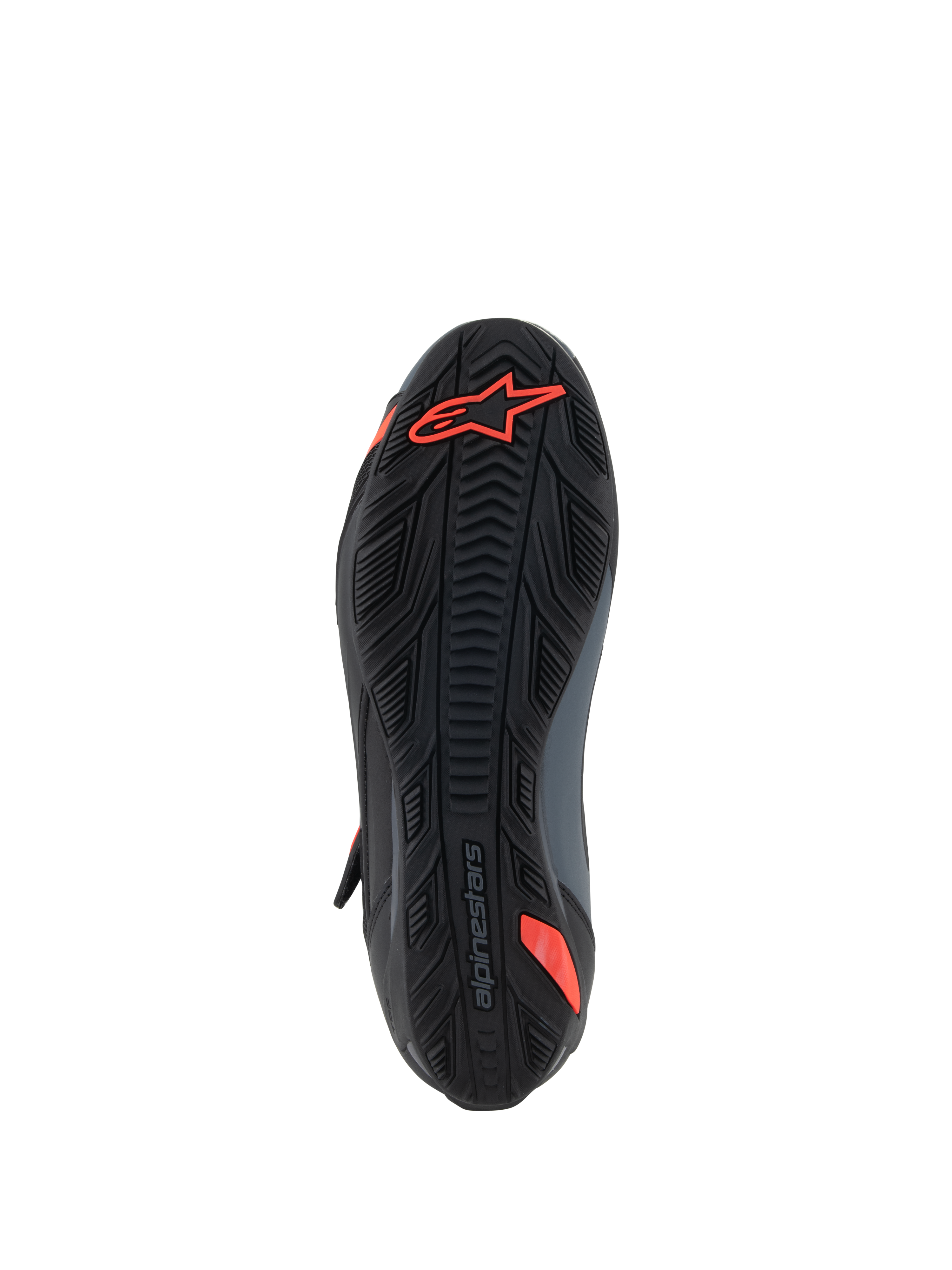 Sapatos Alpinestars Faster-4, sapatos de motociclismo, preto e vermelho fluo, vista inferior mostrando a sola de borracha texturizada com o logótipo Astars vermelho e marca em relevo, concebidos para aderência e durabilidade