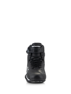 Alpinestars Faster-4 Shoes, Motorcycle Riding Shoes, Black and White, front-facing view showing lace closure and adjustable TPR ankle strap with Alpinestars logo, sleek and protective design for road riding