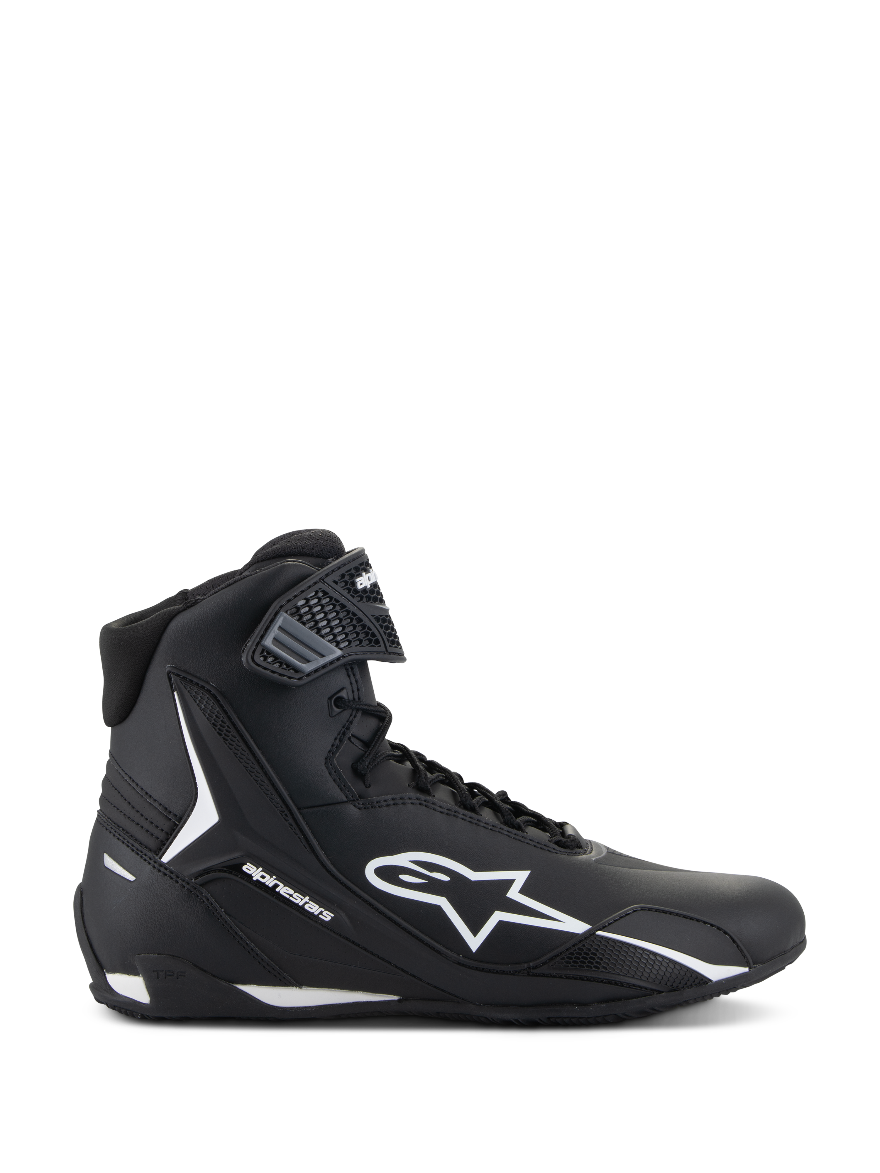 Alpinestars Faster-4 Shoes, Black and White Motorcycle Riding Shoes, side view of high-top design with white star logo, textured ankle strap, lace closure, sleek microfiber upper, performance racing-inspired footwear