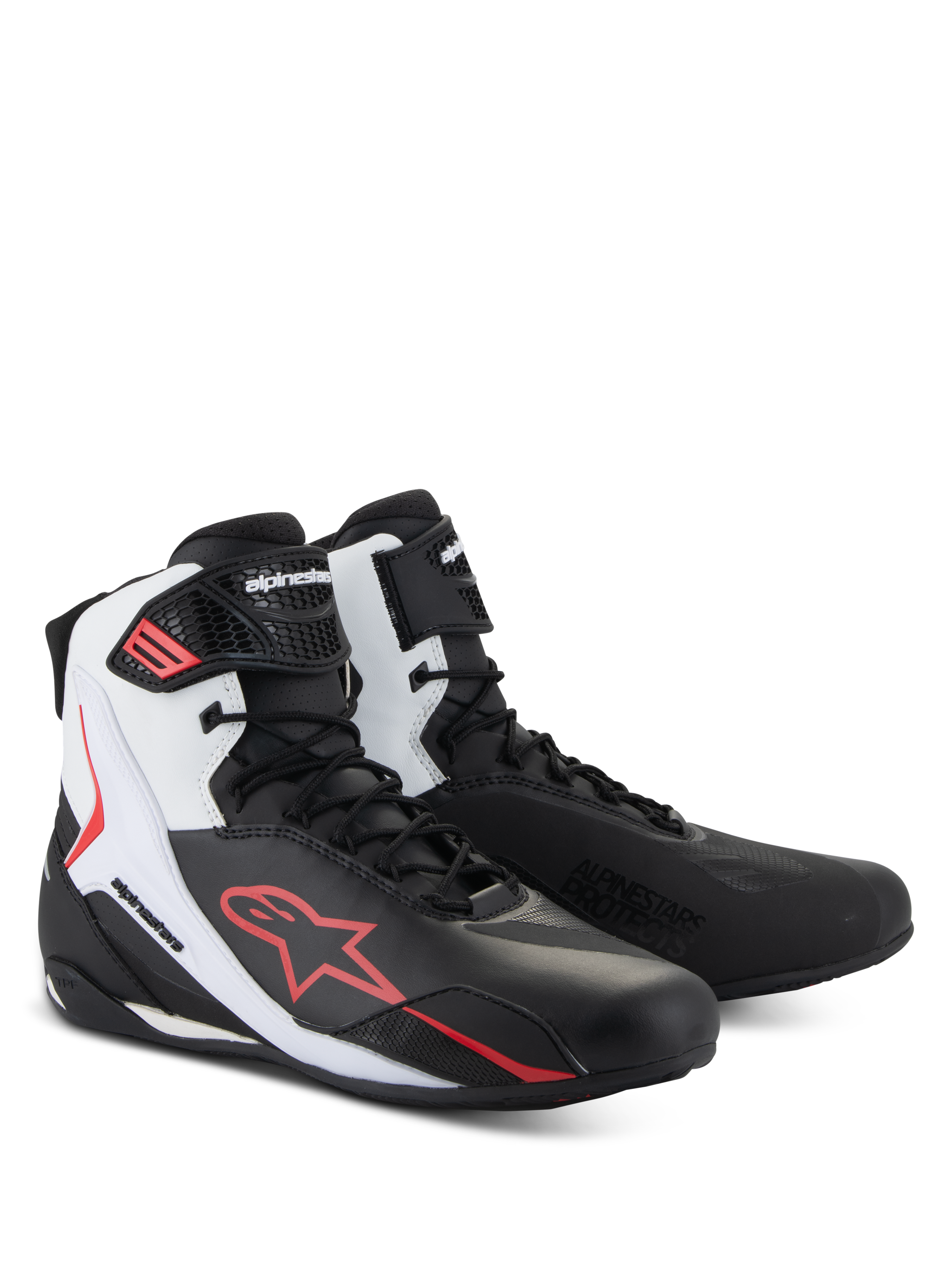Sapatos Alpinestars Faster-4, sapatos de motociclismo, pretos, brancos e vermelhos, calçado técnico para condução em estrada com parte superior em microfibra avançada, fecho de atacadores com correia de velcro no tornozelo, logótipo Alpinestars vermelho proeminente e sliders de proteção em TPR
