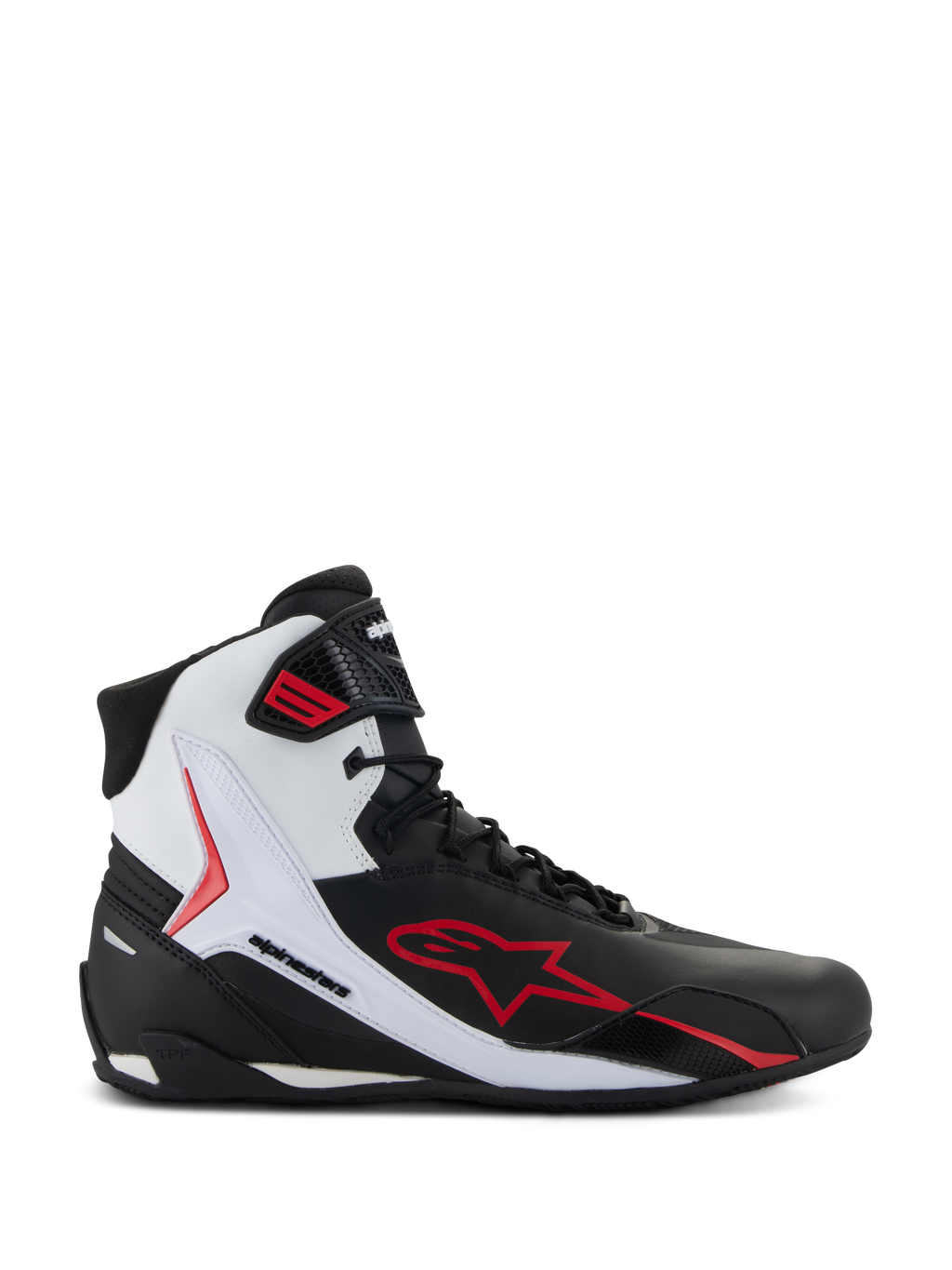 Sapatos Alpinestars Faster-4, sapatos de motociclismo de cano alto, pretos, brancos e vermelhos, com um grande logótipo de estrela vermelho, painel lateral branco com a marca Alpinestars e design desportivo de estrada