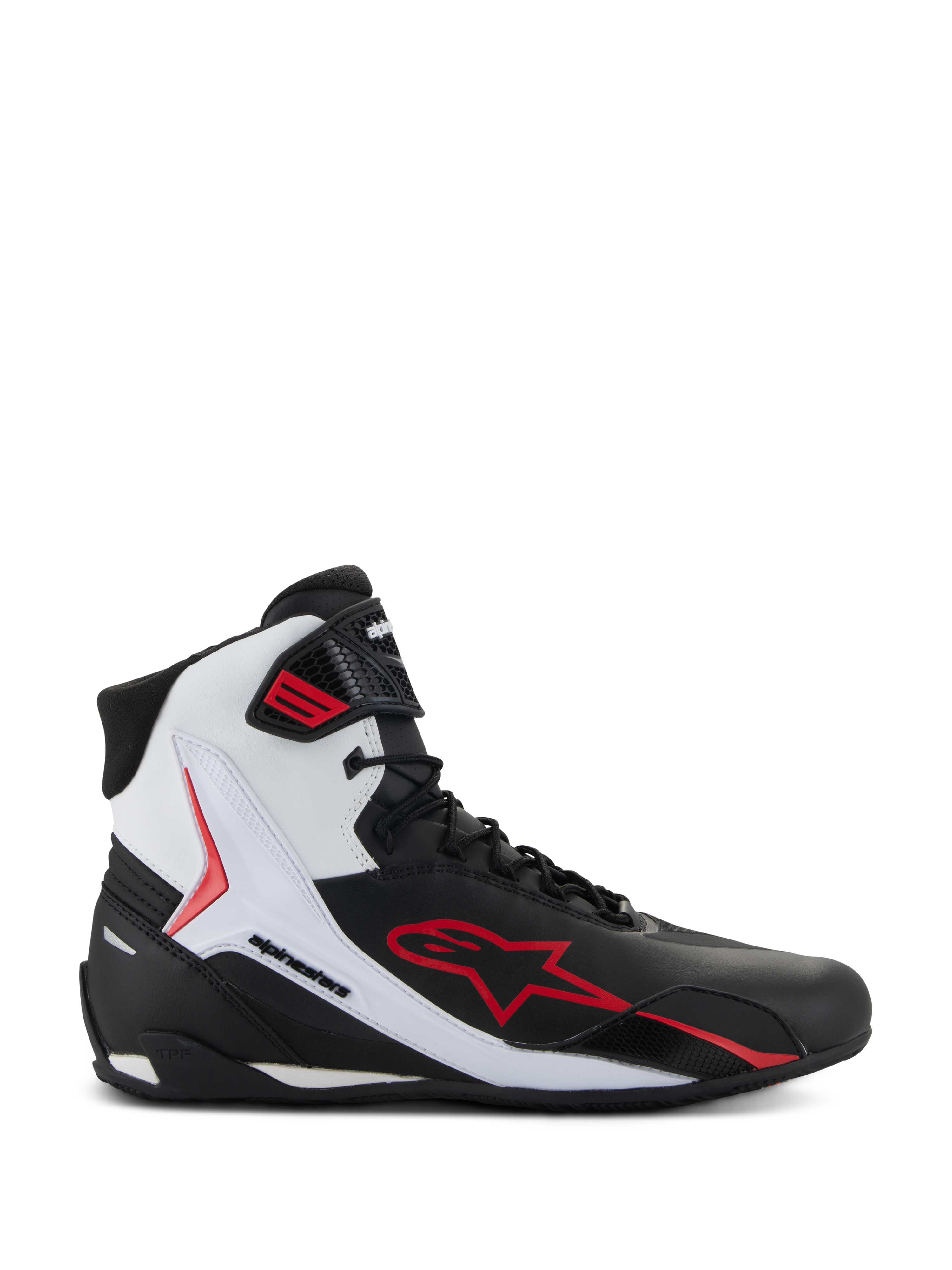 Alpinestars Faster-4 Shoes, High-top Motorcycle Riding Shoes, Black White and Red, featuring a large red star logo, white side panel with Alpinestars branding, and sporty road-riding design