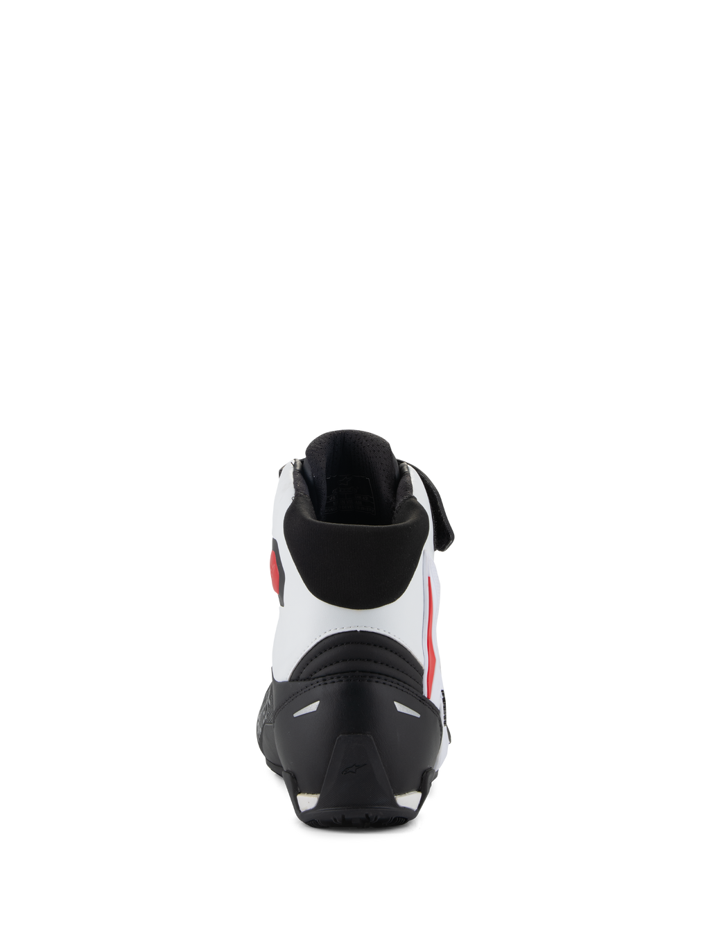 Sapatos Alpinestars Faster-4, vista traseira, pretos, brancos e vermelhos, com contraforte de calcanhar em TPR preto, parte superior em microfibra branca com detalhes em vermelho e gola acolchoada preta, calçado de alta performance para motociclismo