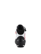 Sapatos Alpinestars Faster-4, vista traseira, pretos, brancos e vermelhos, com contraforte de calcanhar em TPR preto, parte superior em microfibra branca com detalhes em vermelho e gola acolchoada preta, calçado de alta performance para motociclismo