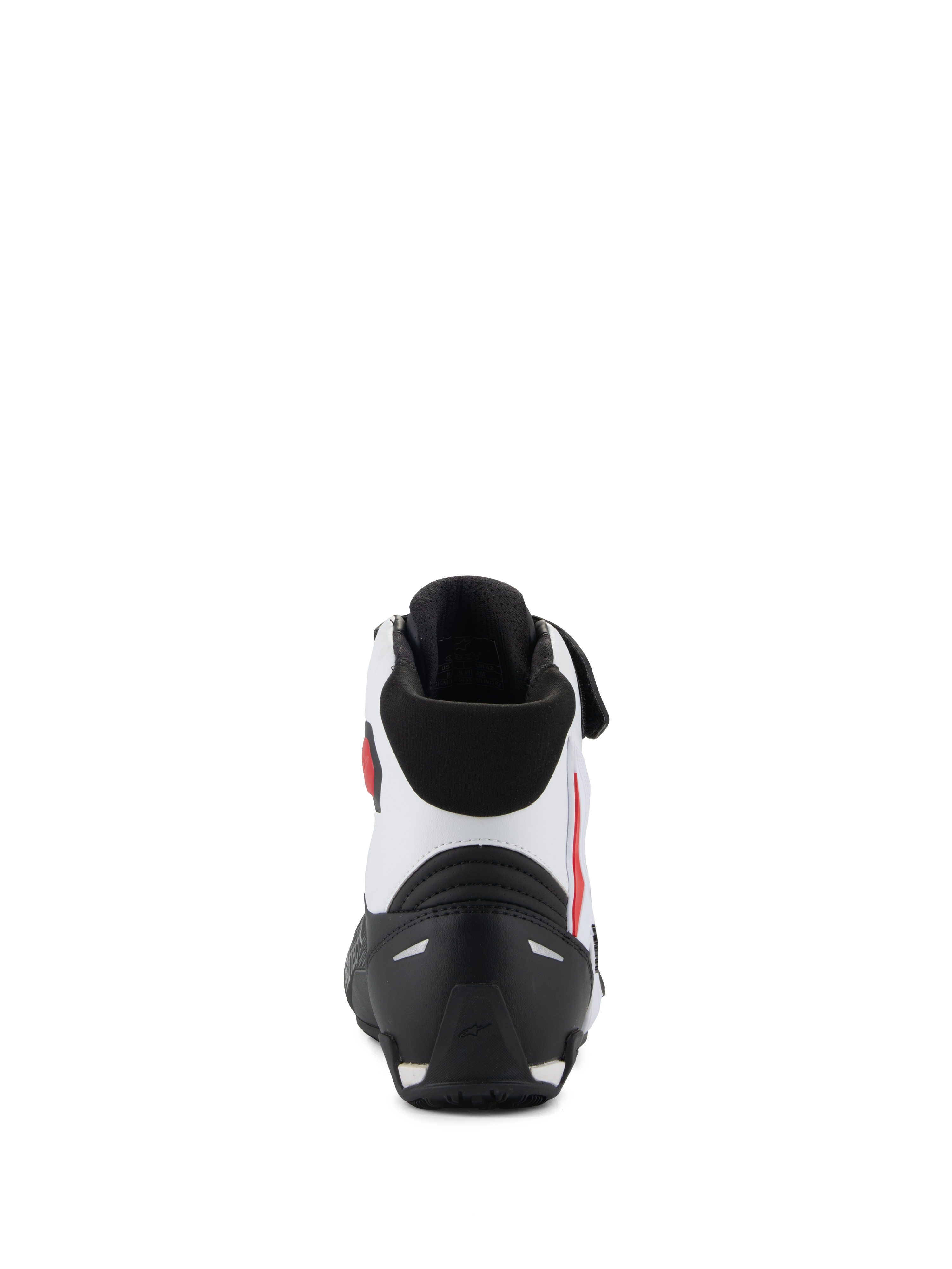 Sapatos Alpinestars Faster-4, vista traseira, pretos, brancos e vermelhos, com contraforte de calcanhar em TPR preto, parte superior em microfibra branca com detalhes em vermelho e gola acolchoada preta, calçado de alta performance para motociclismo