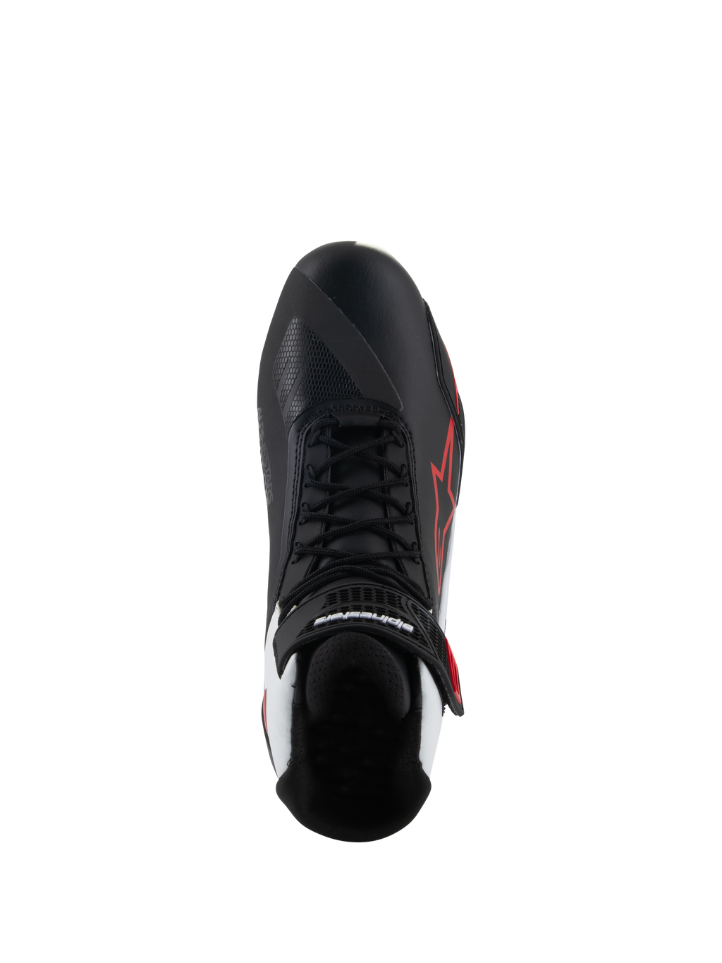 Sapatos Alpinestars Faster-4, sapatos de motociclismo, pretos com detalhes em branco e vermelho, vista superior com atacadores pretos e correia de velcro no tornozelo, logótipo de estrela Alpinestars a vermelho na lateral, realces em branco no calcanhar, biqueira com design assimétrico para a troca de mudanças