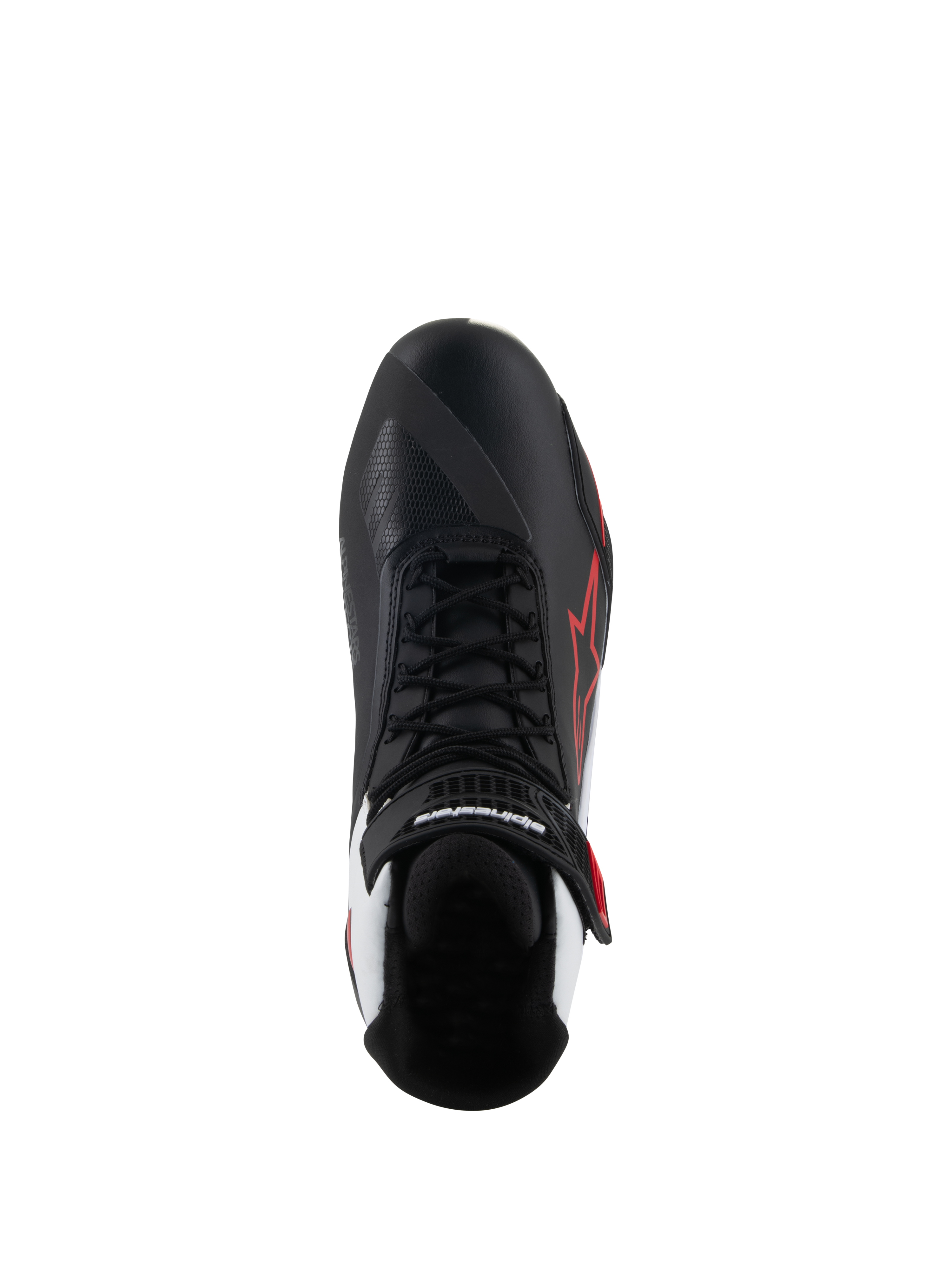 Sapatos Alpinestars Faster-4, sapatos de motociclismo, pretos com detalhes em branco e vermelho, vista superior com atacadores pretos e correia de velcro no tornozelo, logótipo de estrela Alpinestars a vermelho na lateral, realces em branco no calcanhar, biqueira com design assimétrico para a troca de mudanças