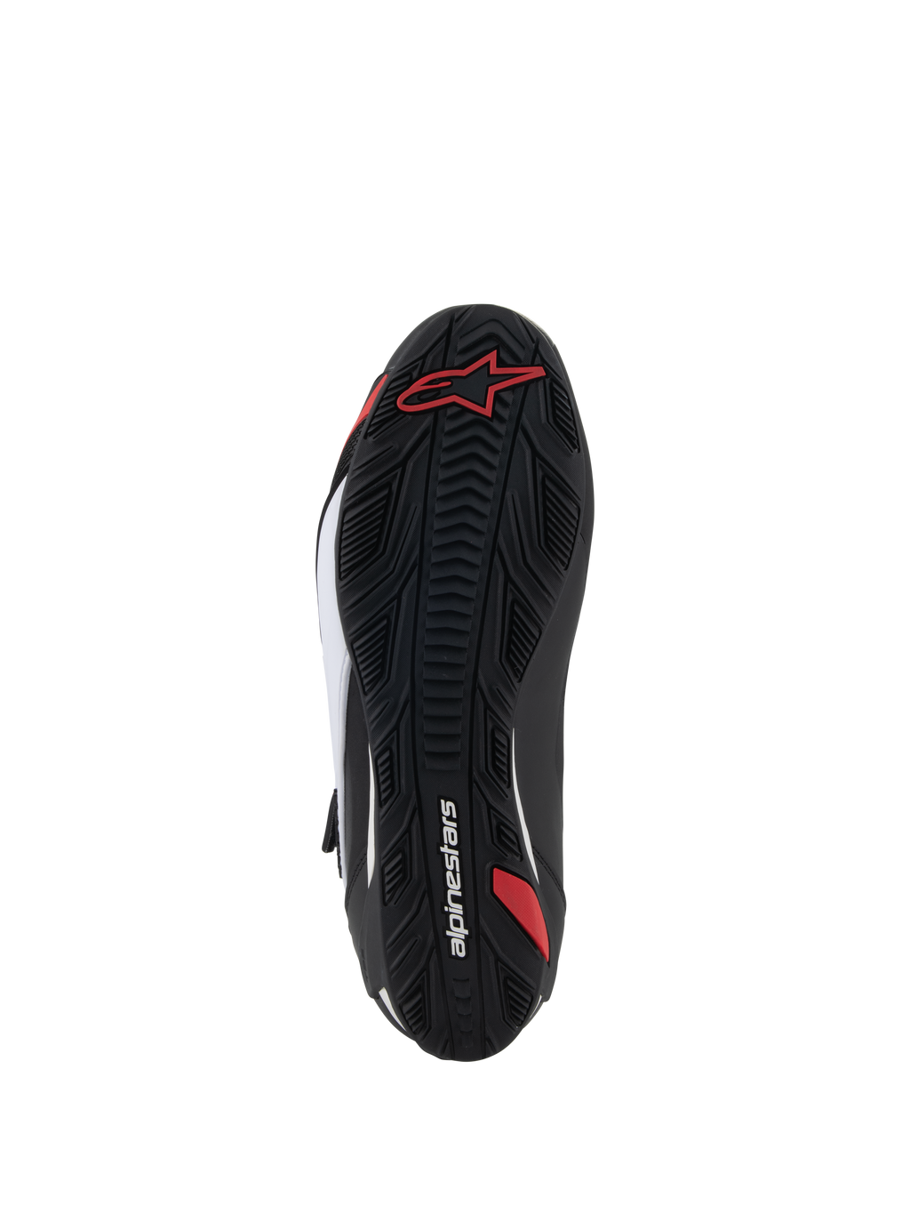 Sapatos Alpinestars Faster-4, sapatos de motociclismo, vista da sola, borracha preta com padrão de aderência texturizado, com logótipo Alpinestars vermelho e marca em branco, concebidos para condução em estrada e desportiva