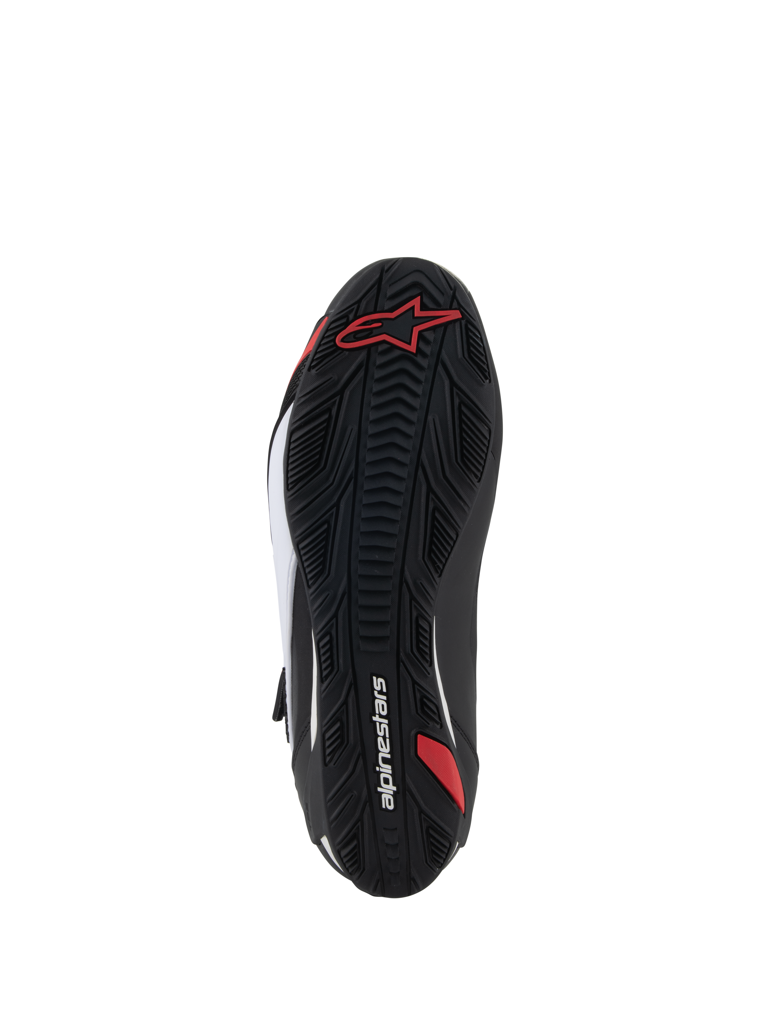 Sapatos Alpinestars Faster-4, sapatos de motociclismo, vista da sola, borracha preta com padrão de aderência texturizado, com logótipo Alpinestars vermelho e marca em branco, concebidos para condução em estrada e desportiva