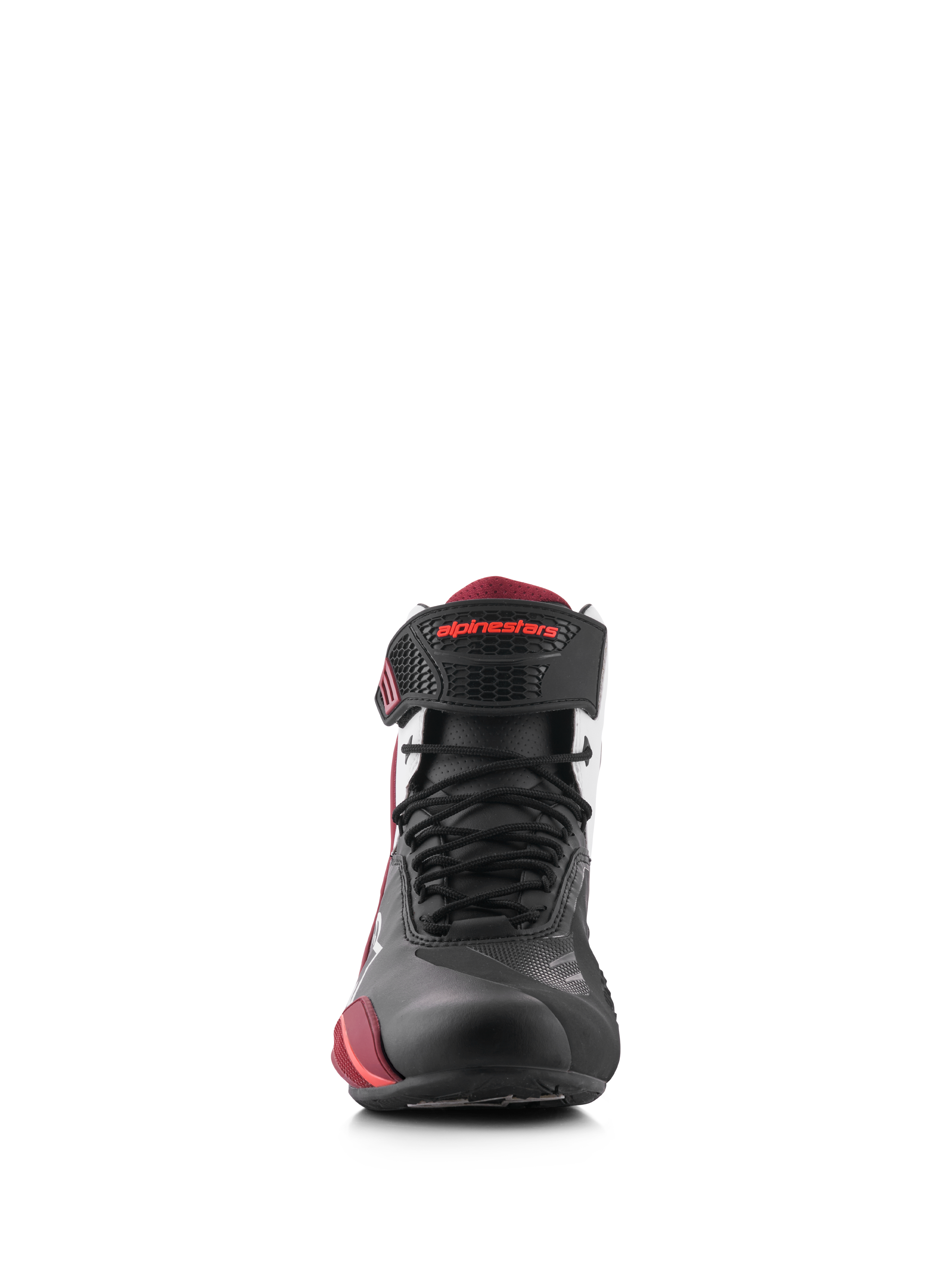 Alpinestars Faster-4 Shoes, Black White Dark Red, front view of motorcycle riding footwear, featuring black microfiber upper with red accents, lace-up closure, and velcro ankle strap with red Alpinestars branding
