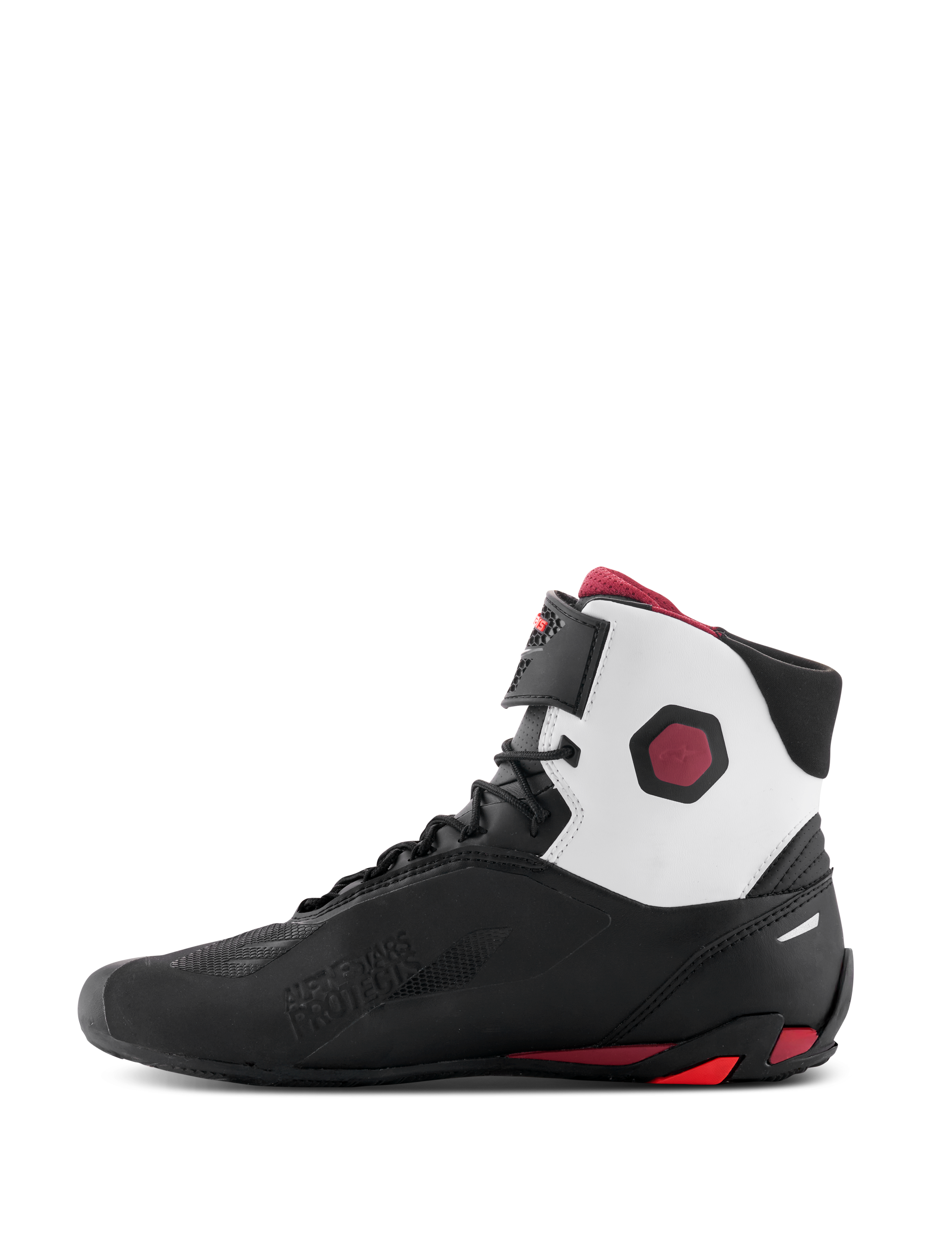 Alpinestars Faster-4 Shoes, Motorcycle Riding Shoes, Black White and Dark Red, medial profile view featuring white upper collar panels, black microfiber chassis, and dark red accents on the heel and ankle.